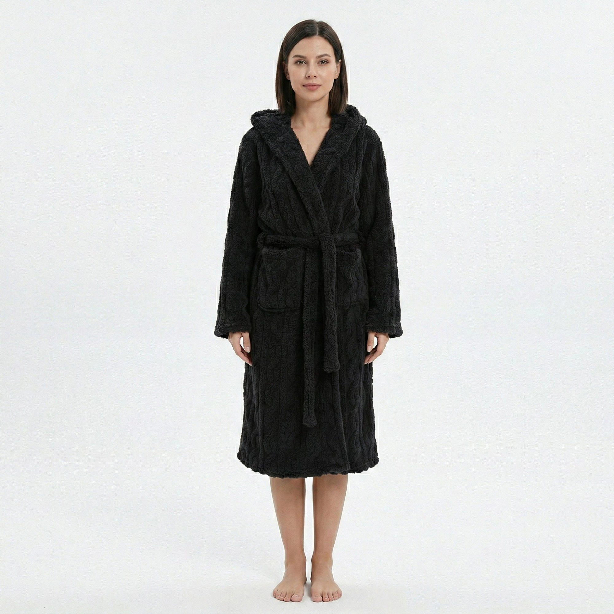 Anna-Kaci Women's Plush Hooded Bathrobe with Textured Fleece Fabric Adjustable Waist Tie Wrap Design and Front Pockets