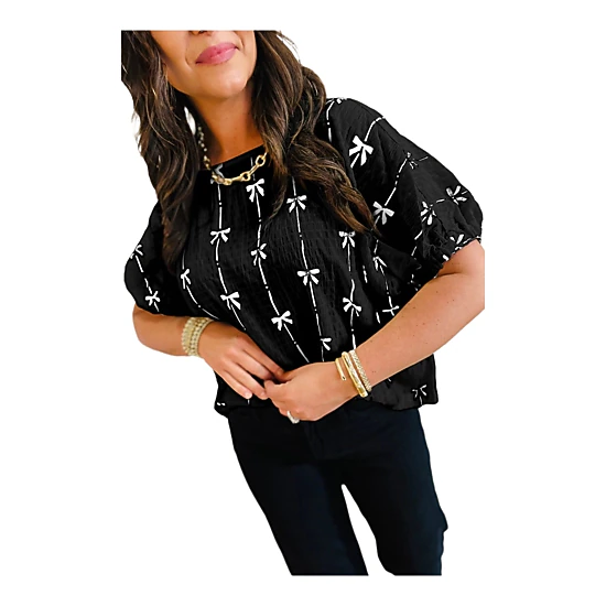 Sol Living Womens Bow Print Puff Short Sleeve Top
