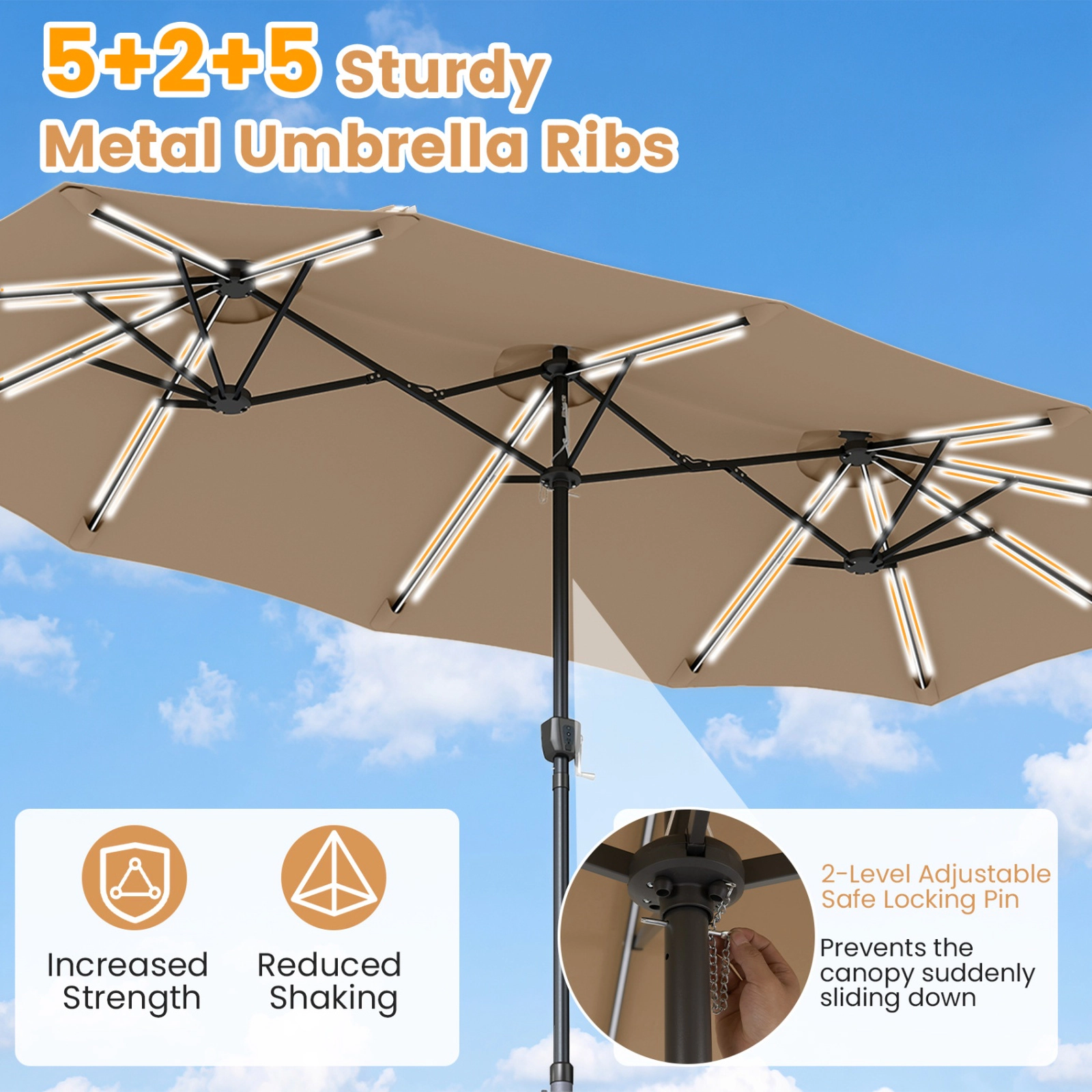 SUGIFT 13-ft Double-Sided Patio Umbrella with 108 LED Lights, Crank Handle and 135-lb Base Capacity Tan