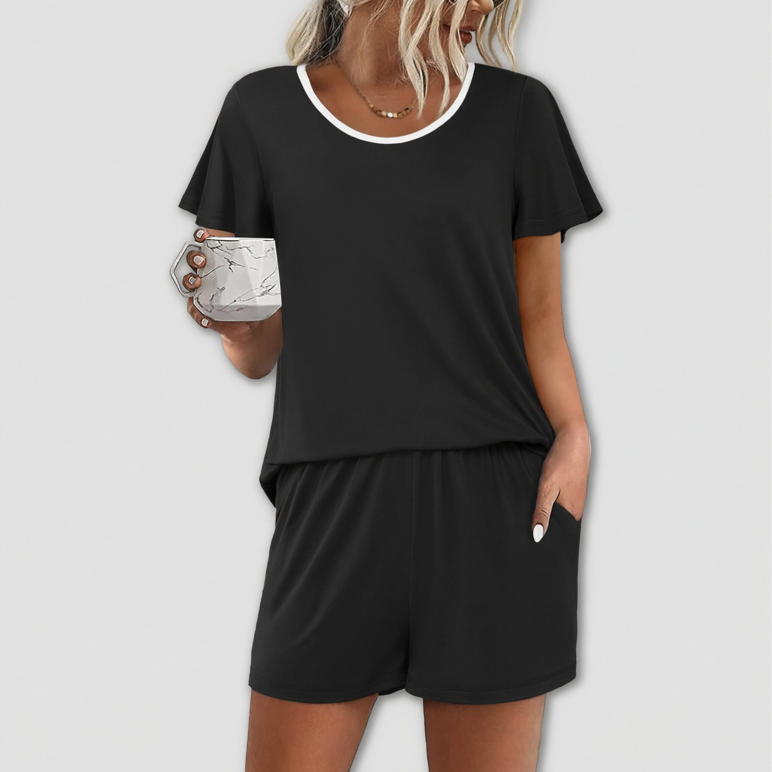 Ekouaer Womens Crew Neck Short Sleeve 2 Piece Pajama Set Side Pockets Loungewear