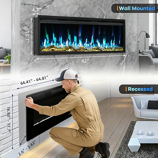PALQOUETH 68 Inch Ultra-Slim 3D Flame Electric Fireplace, Dual Heat ...