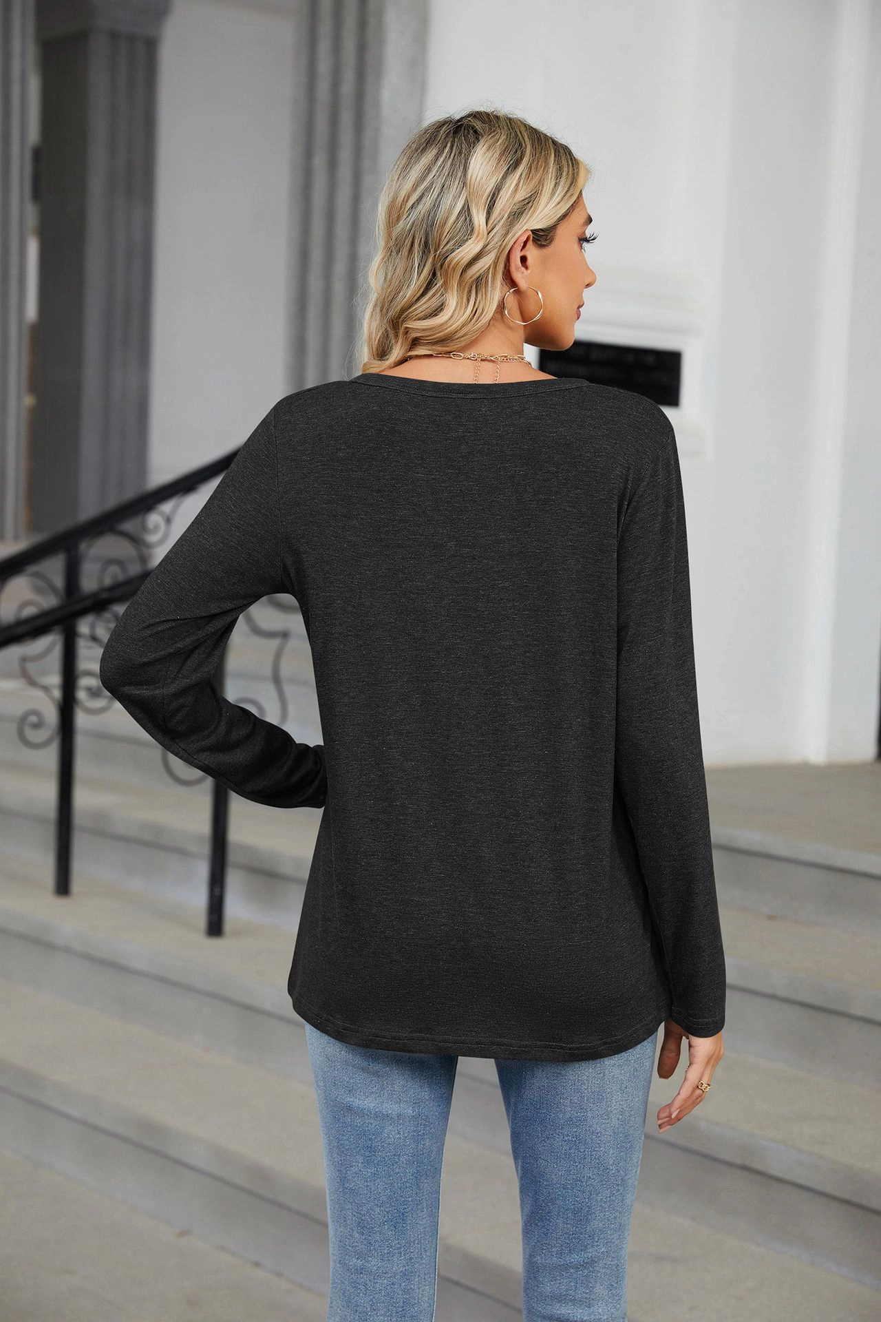 Enchanted Funland Womens Notched V‑Neck Long Sleeve Loose Casual Solid Tops