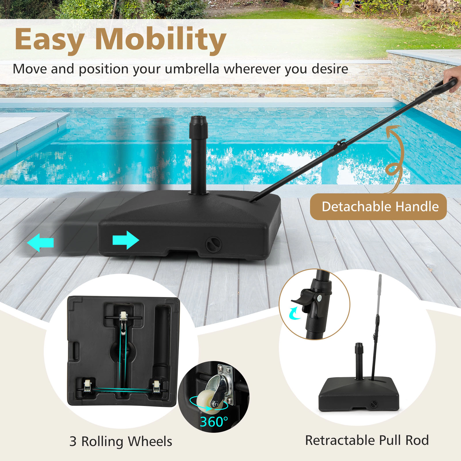 Slickblue HDPE Mobile Umbrella Base with Retractable Handle and Locking Wheels