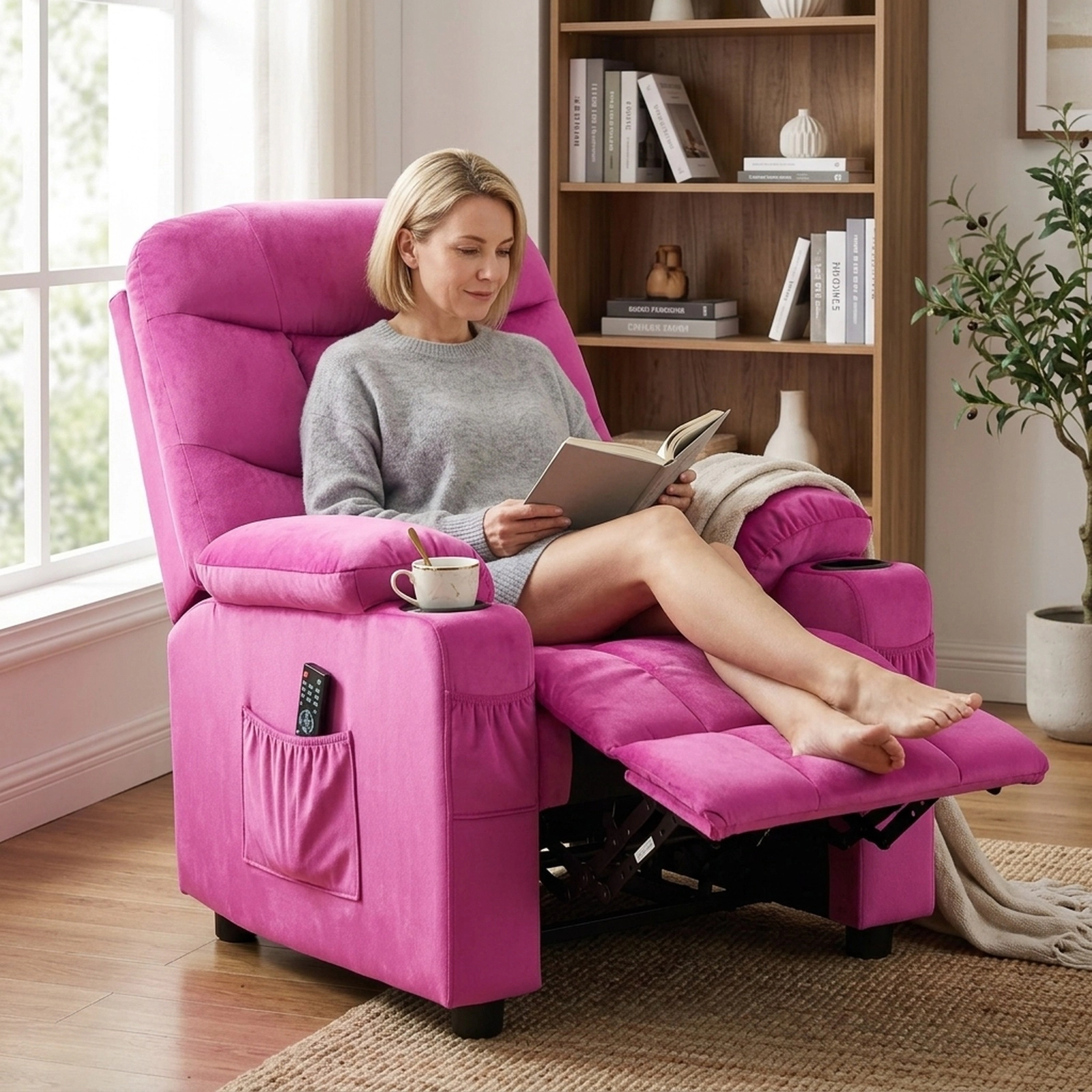 SUGIFT Kids Recliner Chair, Pink Velvet, 2 Cup Holders, 3 Pockets, 120 lb Capacity