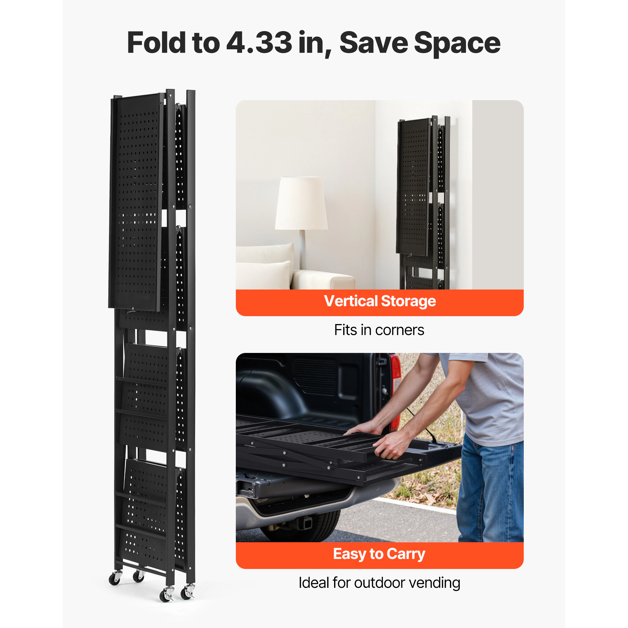 HONGGE Foldable Storage Shelf Folding Metal Rack Shelving Unit No Assembly Organizer Shelf with 5 Wheels & 4 Hooks for