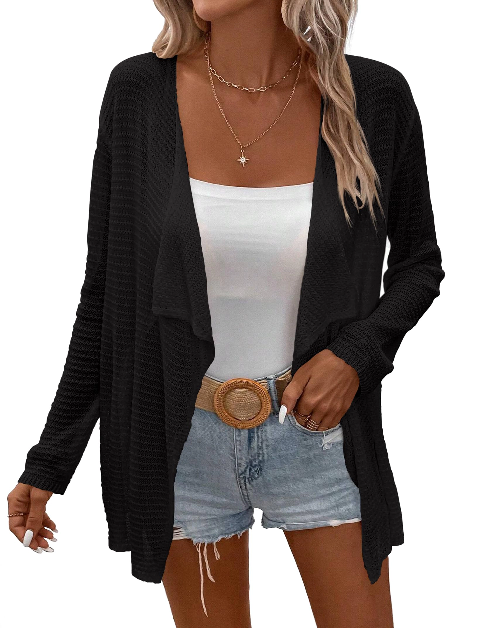 KOJOOIN Women's Hollow Knit Open Front Cardigan Long Sleeve Cover Up Lightweight Shrug