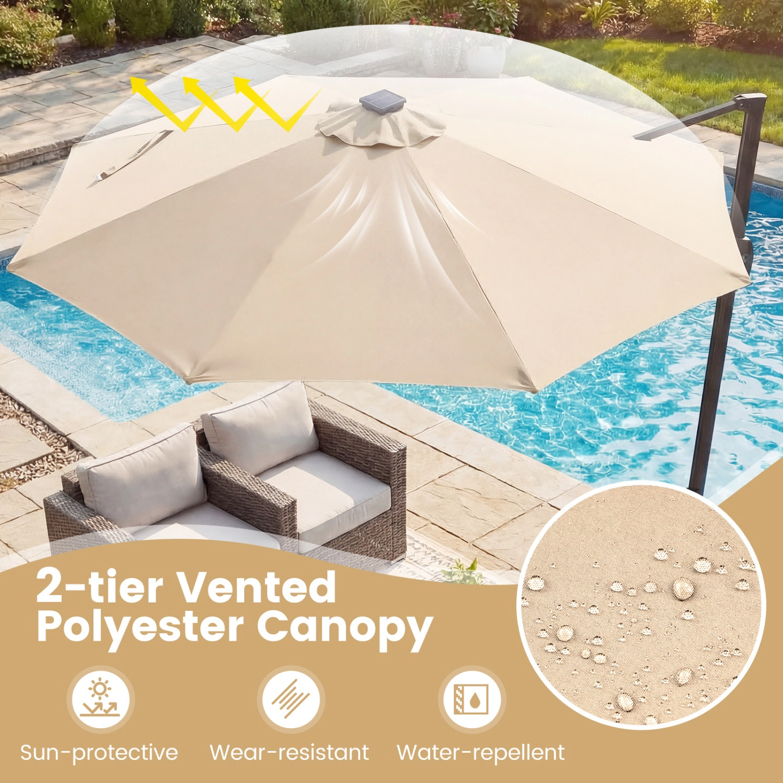 SUGIFT 10-ft Solar LED Cantilever Patio Umbrella with 360° Rotation and 6-Level Tilt 40 x 40-in Cross Base Beige
