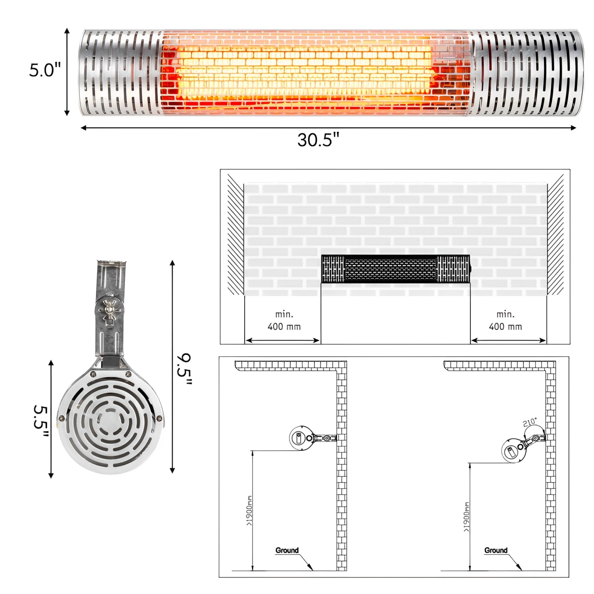 SUGIFT 1500W Far Infrared Electric Heater for Indoor and Outdoor Use 2 Power Settings Silver