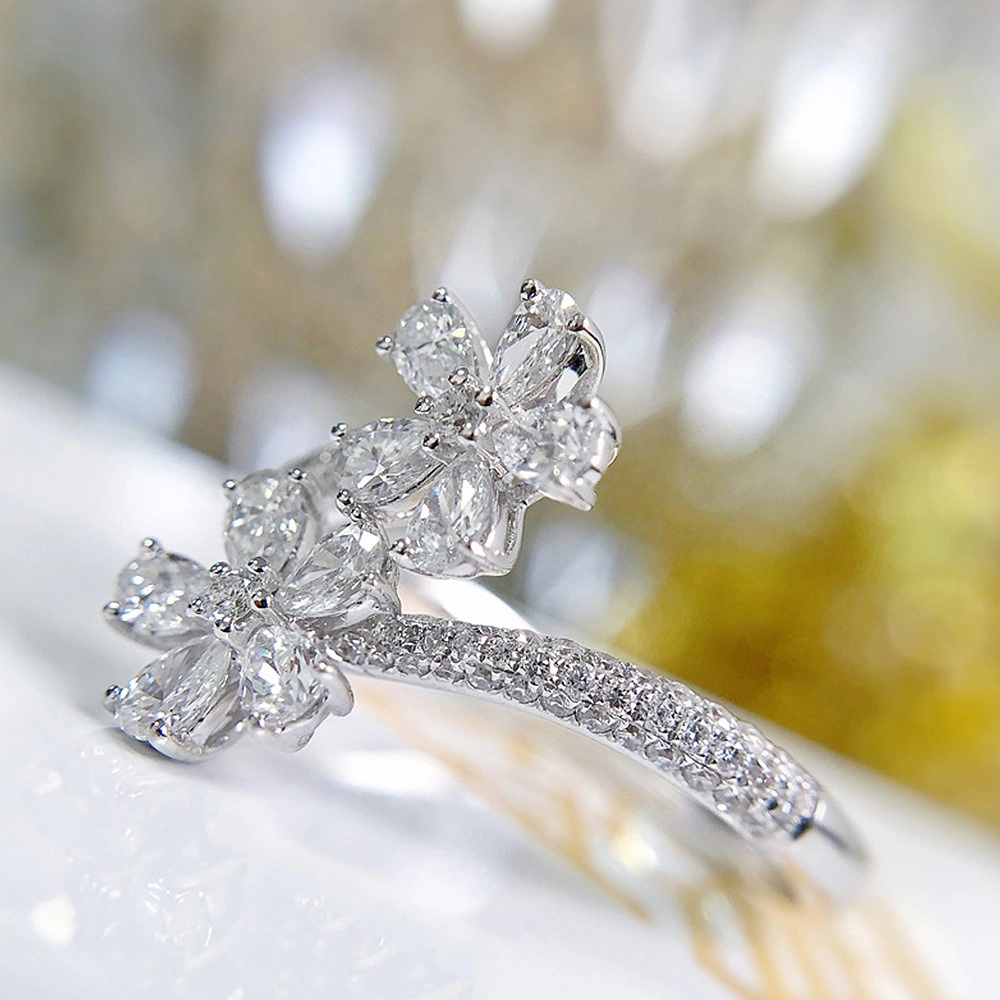 Rhinestone Flower Ring for Women Adjustable Cubic Zirconia Cocktail Ring