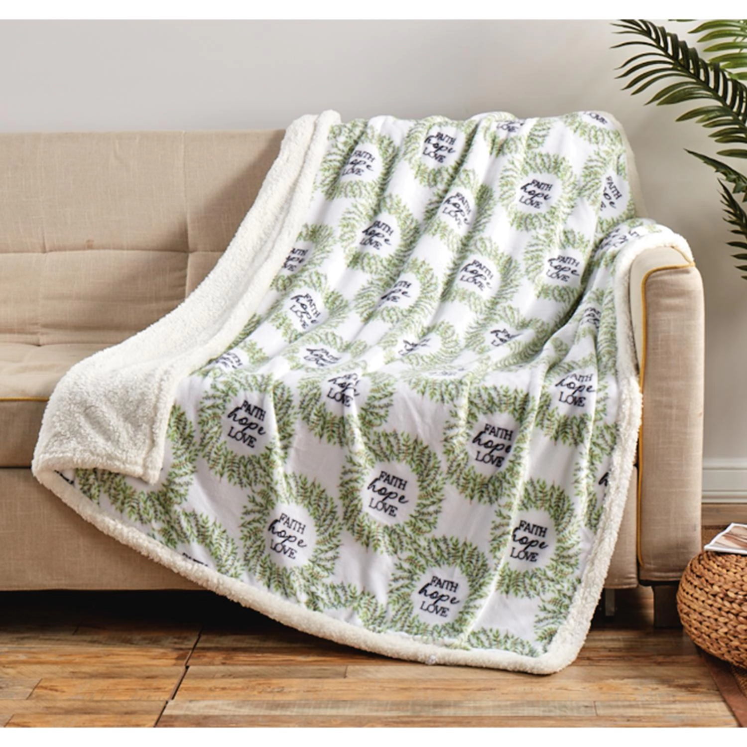 Plazatex Faith, Hope & Love with Sherpa Plush Decorative All Season Plum Throw Blanket 50" x 60" White