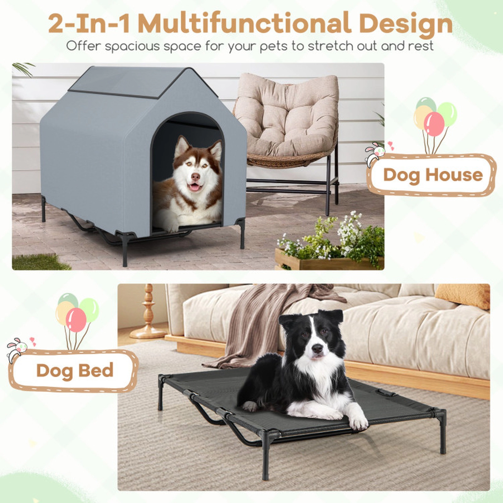 SUGIFT Large 110-lb Capacity Elevated Outdoor Dog House with Waterproof Canopy and 2 Roll-Up Mesh Windows
