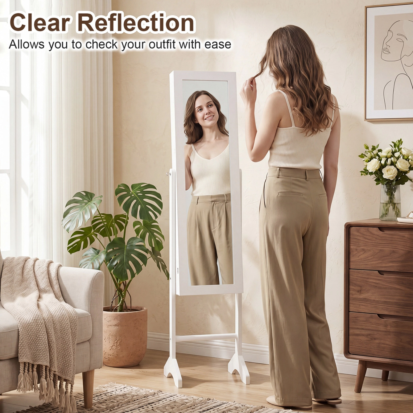 SUGIFT White Freestanding Jewelry Armoire with Full-Length Mirror Velvet Lined Cabinet and Magnetic Catch