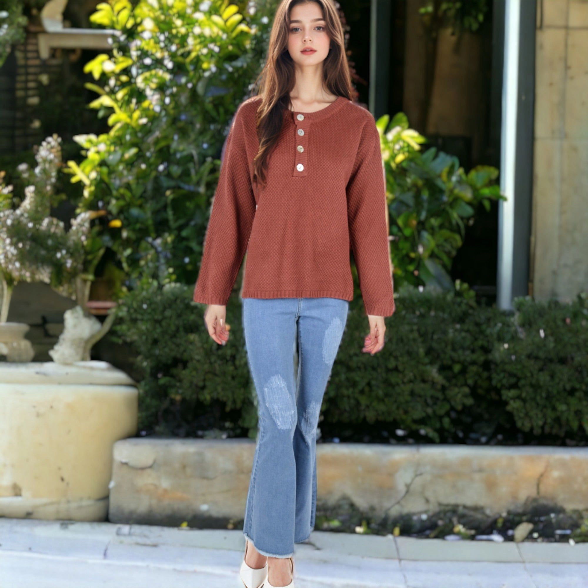 Anna-Kaci Women's Contrast Half Button Henley Down Textured Sweater