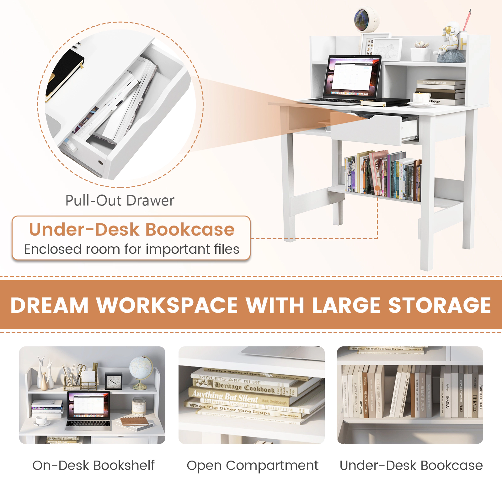 SUGIFT 37.5-Inch White Home Office Desk with Hutch, Drawer, Guardrail and USB Power Outlet