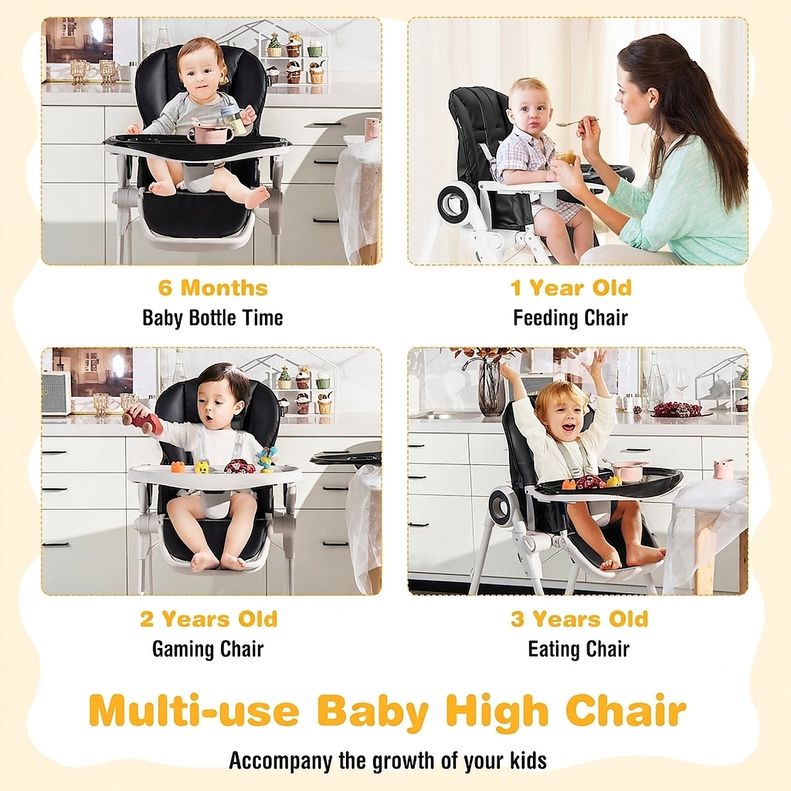 SUGIFT Black 6 Seat Heights 4 Lockable Wheels and Double Tray Foldable Baby High Chair