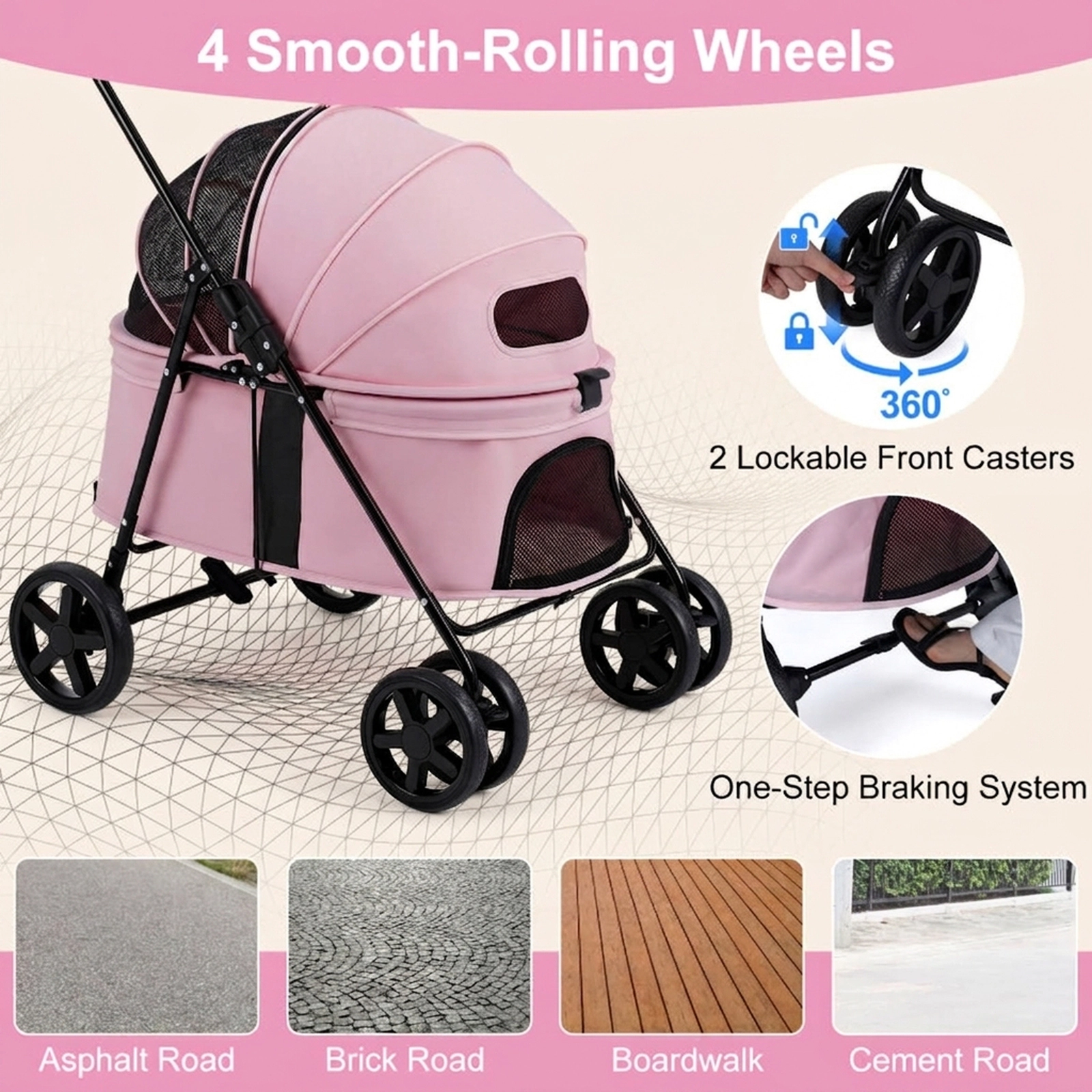 SUGIFT 31.5 x 39.5-in 33-lb Capacity Pink Foldable Pet Cat Dog Stroller with One-Step Rear Brake and Canopy
