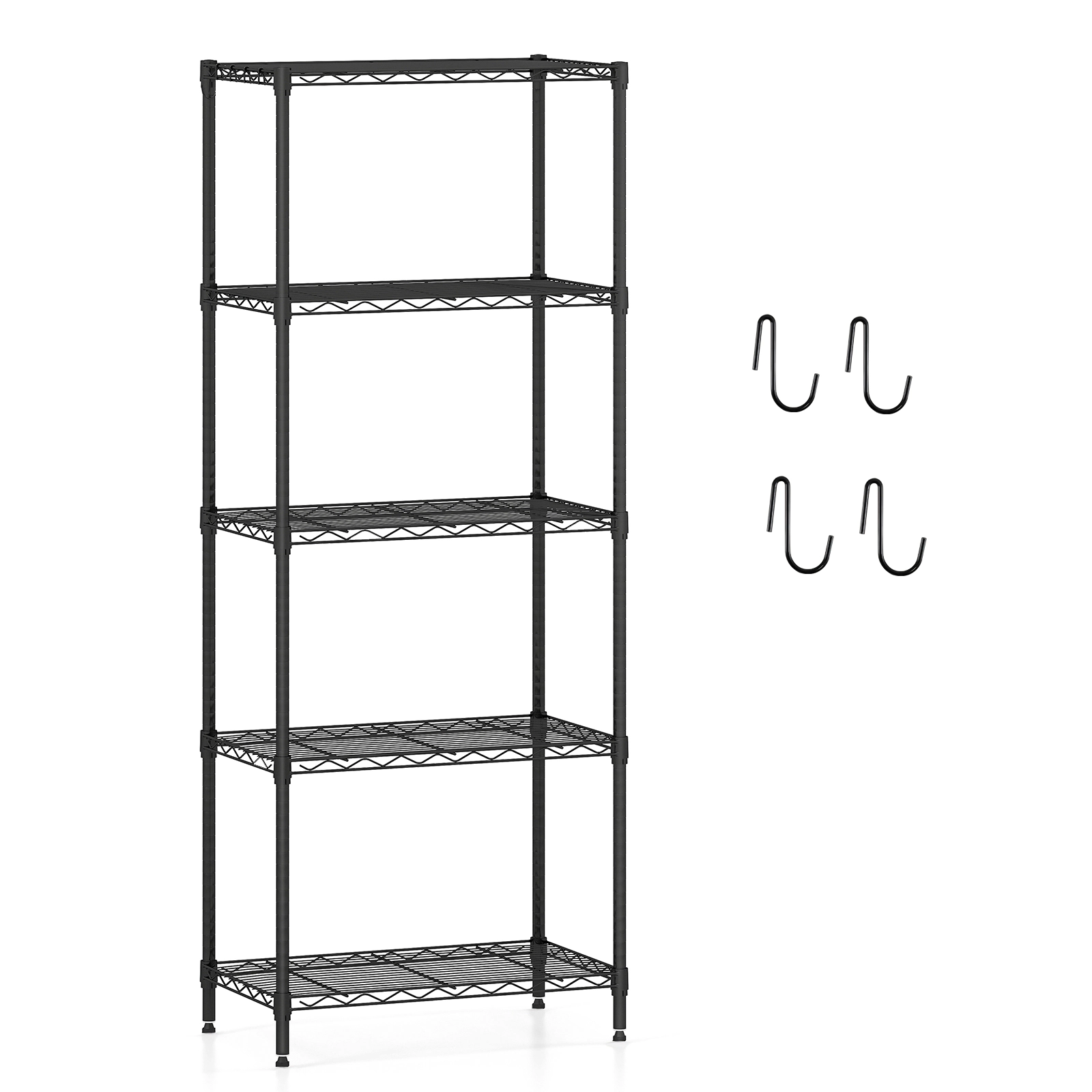 SlickBlue 5 - Tier Adjustable Wire Shelf Organizer with Hooks for Multiple Spaces
