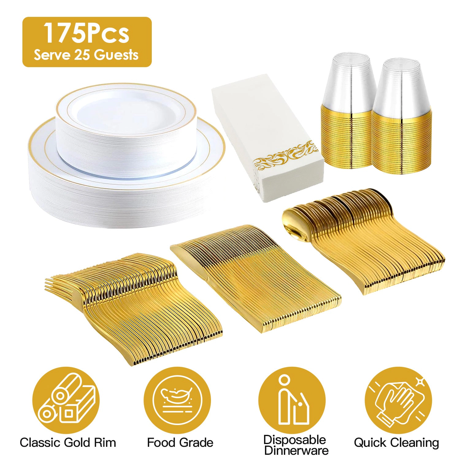GBruno 175-Piece Gold Rim Disposable Dinnerware Set