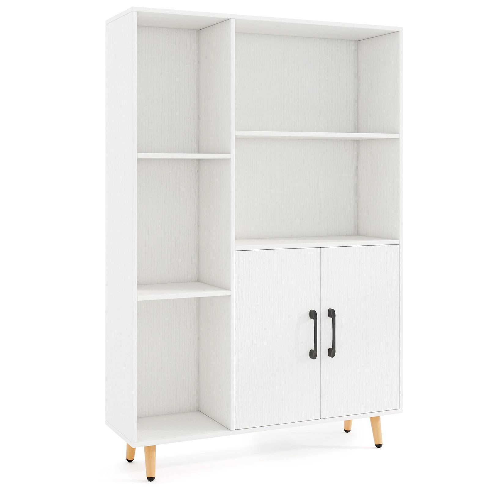 SUGIFT White 47-in Freestanding Bookshelf Pantry Cabinet with 2 Doors 5 Open Shelves and Metal Legs