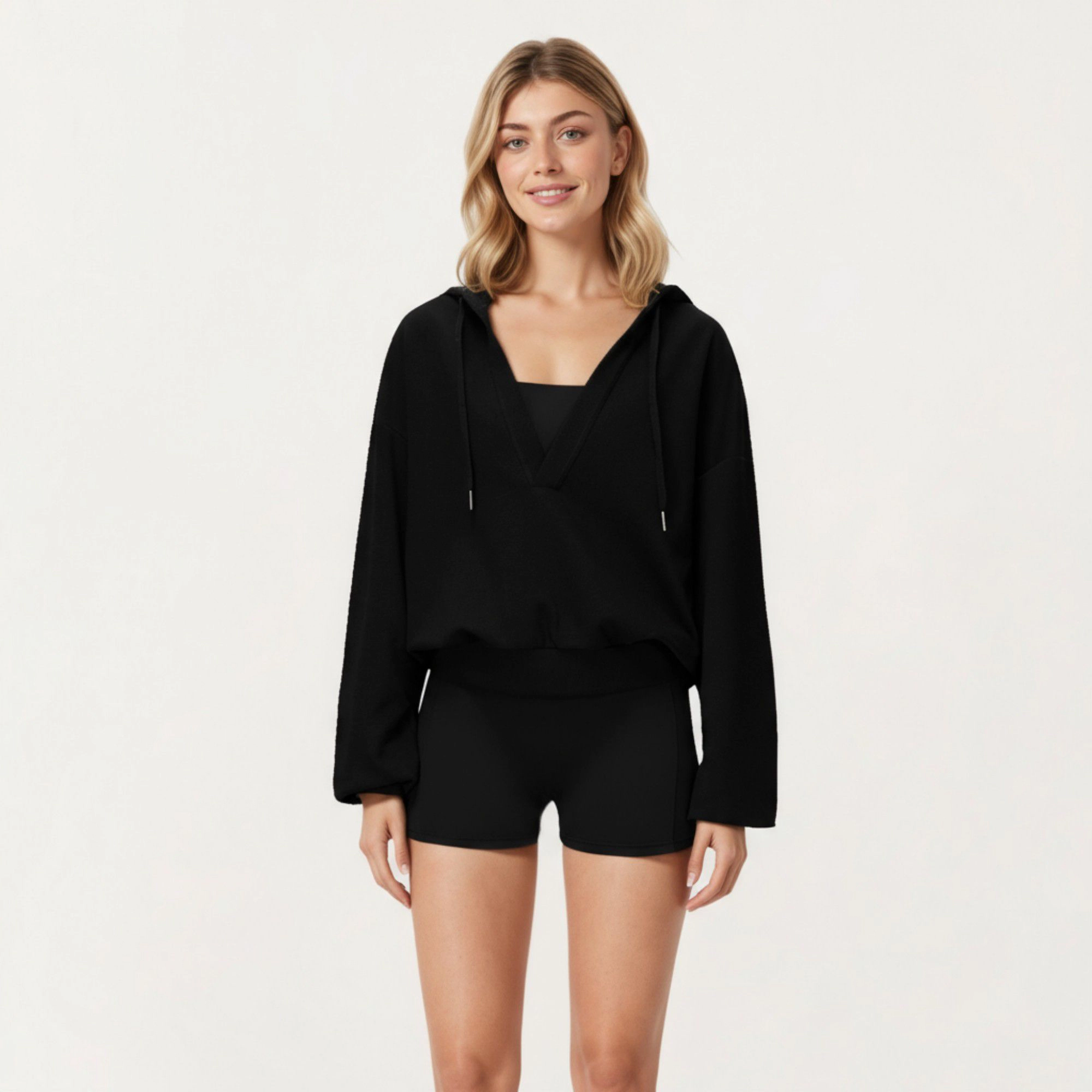 Anna-Kaci Women's Waffle Knit Long Sleeve Active Hoodie Top with Deep V-Neckline Fit and Stretch Texture