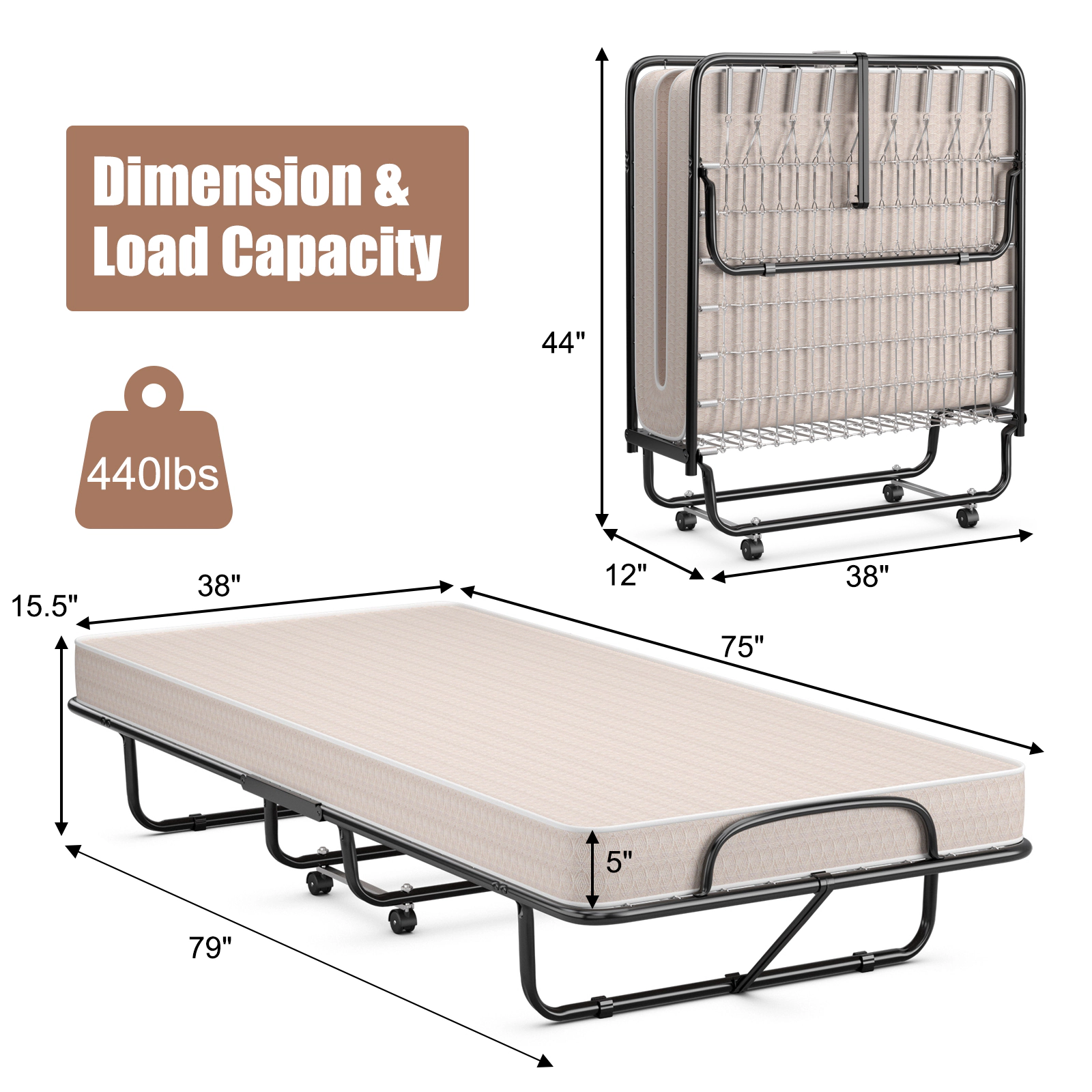SUGIFT Twin Rollaway Guest Bed with Memory Foam Mattress, Beige