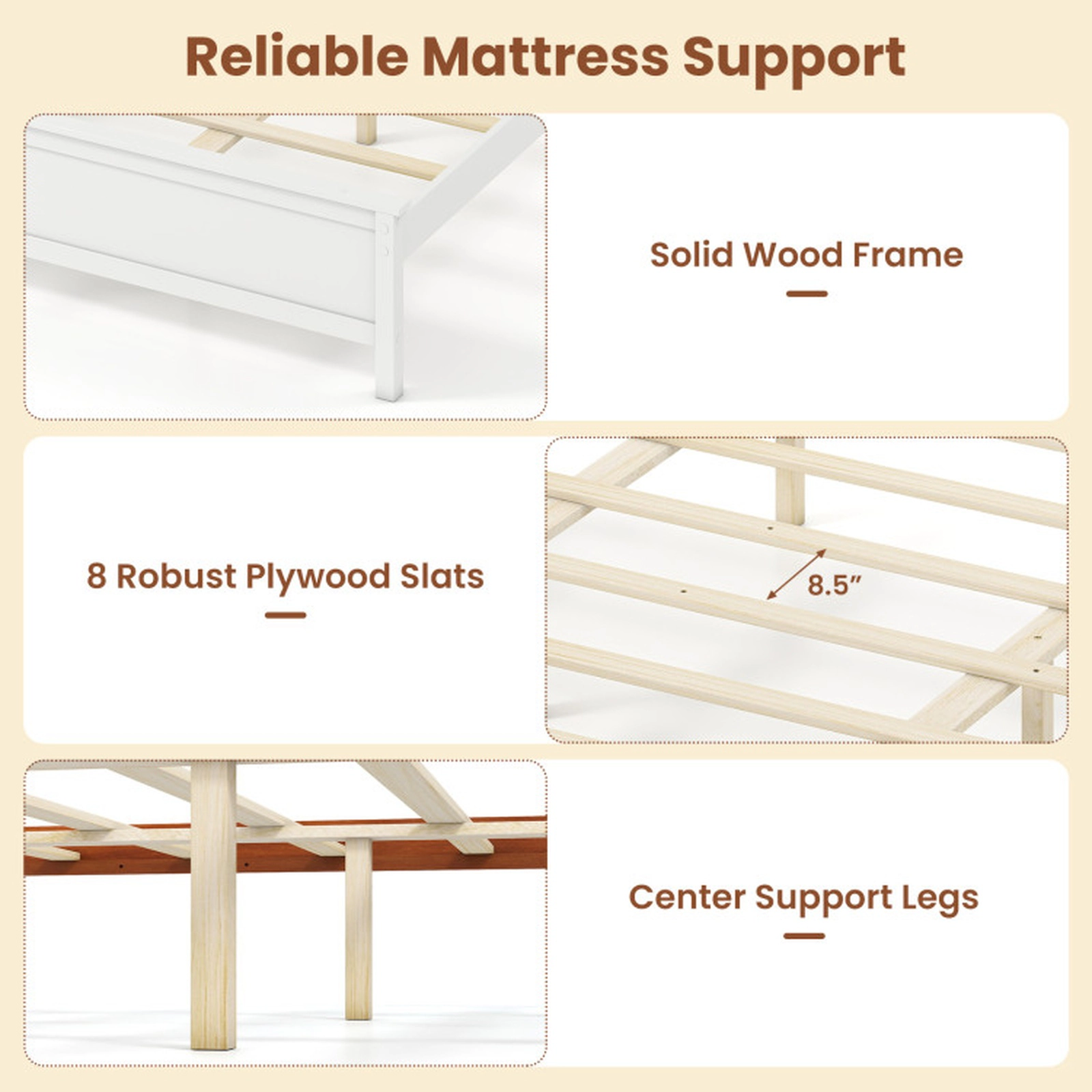 SUGIFT King Size 440-lb Capacity White Solid Wood Platform Bed Frame with Headboard and 8 Plywood Slats