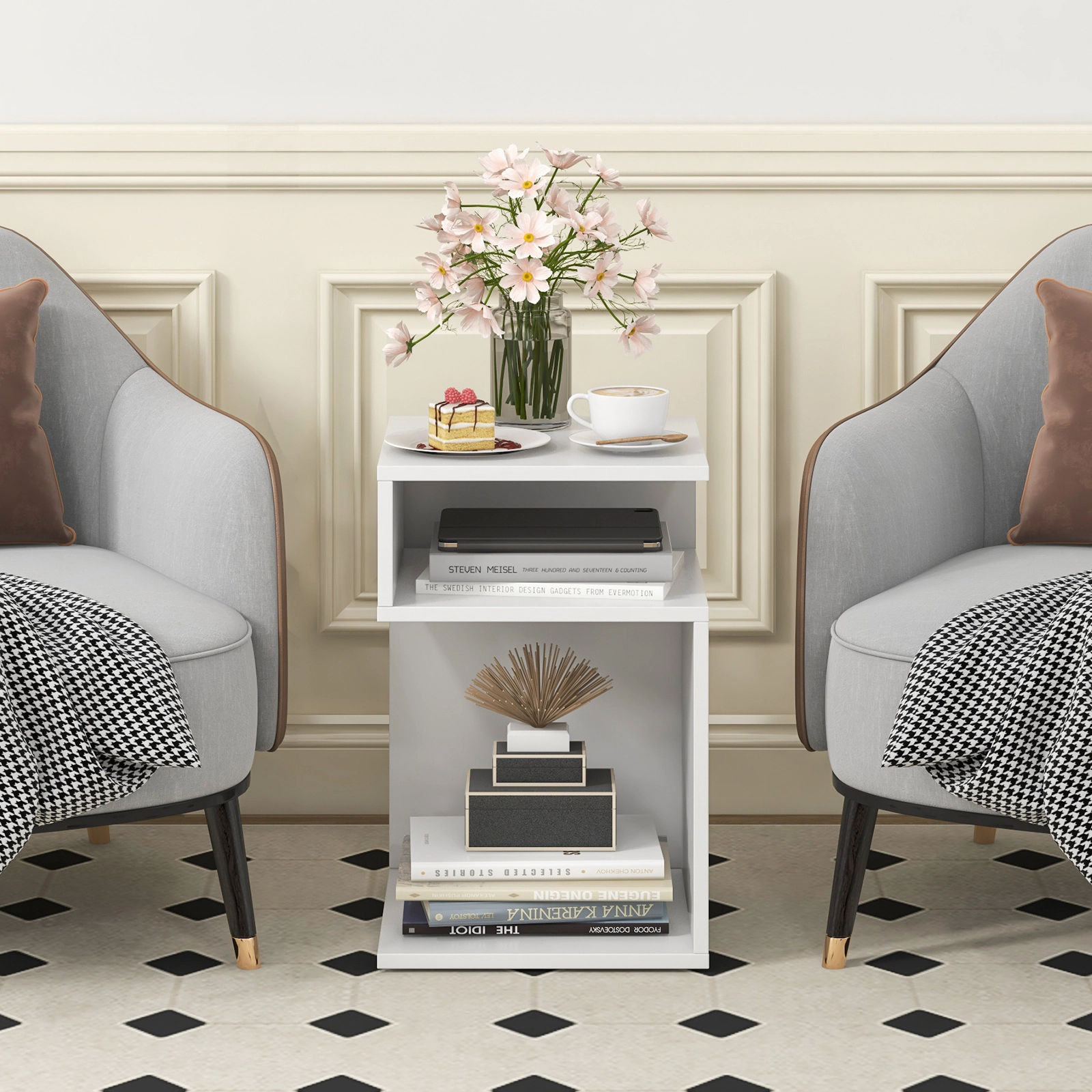 LJG S-Shaped Side Table with Unique S-Shaped Frame and 2 Open Compartments