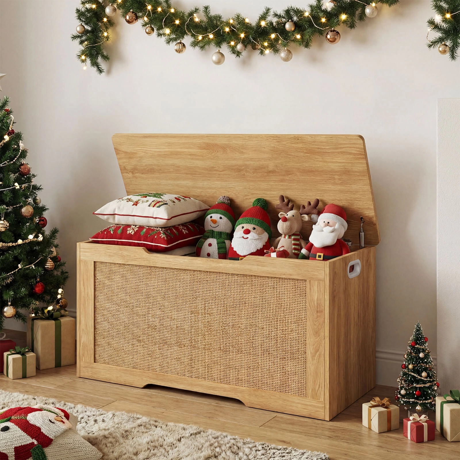 SUGIFT Kids Flip Top 2 Soft-Close Hinges Rattan Front Toy Box Storage Bench 40-in x 16-in x 20-in 350-lb Natural