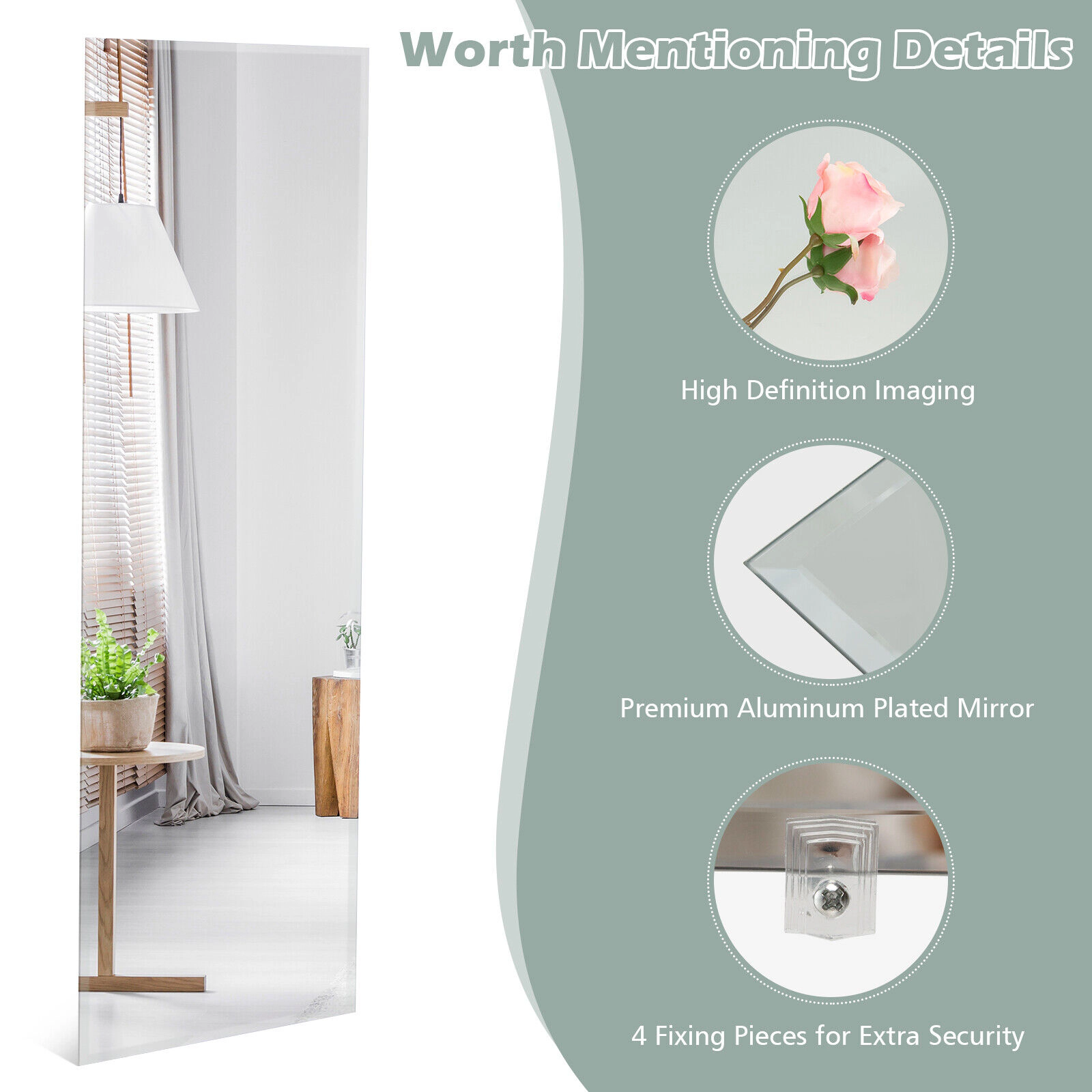 Slickblue 43 x 15 Inch Wall Mounted Frameless Full Length Mirror Rectangle Bedroom Dressing Mirror