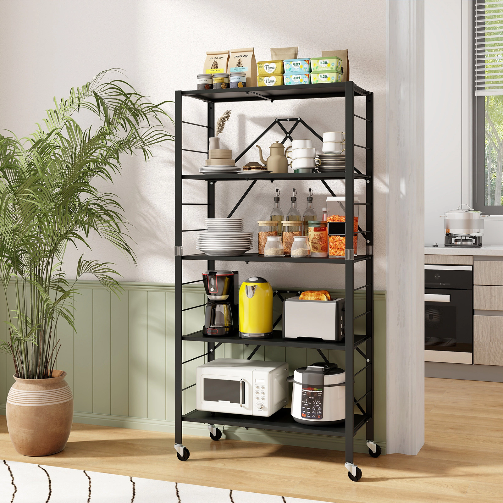 SUGIFT 5-Tier Black Foldable Storage Shelf with Wheels Expandable 19.5-in to 30-in for Garage and Kitchen
