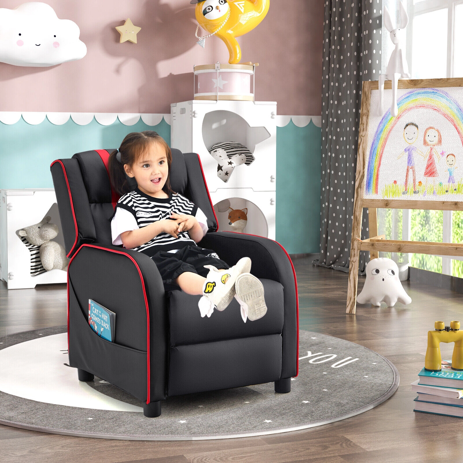 SUGIFT Kids Recliner Chair, 160° Reclining Seat with Adjustable Footrest, Side Pockets, Red PU Leather