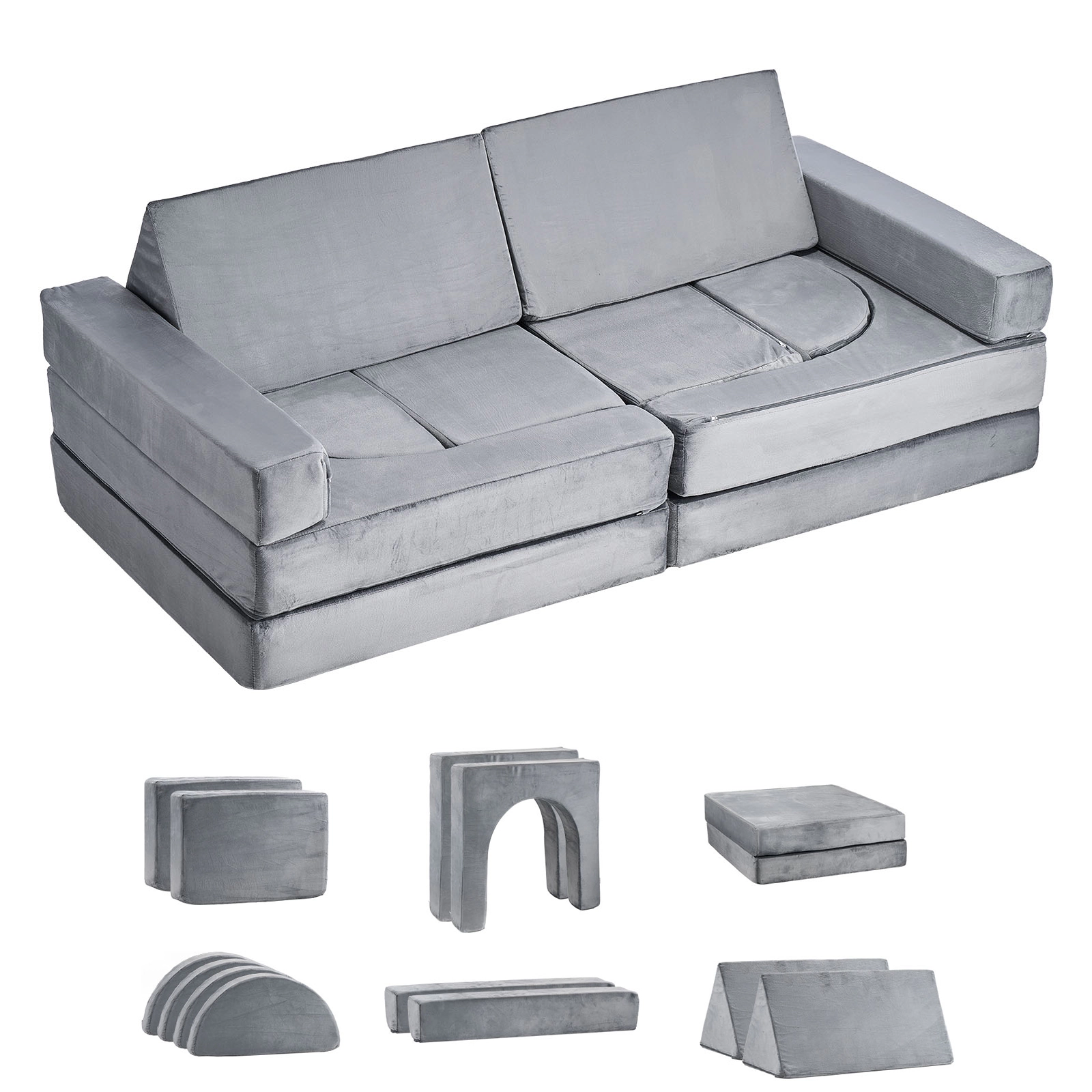 HONGGE Modular Kids Play Couch Sectional Toddler Sofa with Armrests 28D Sponge & Short Pile Convertible Kids Modular