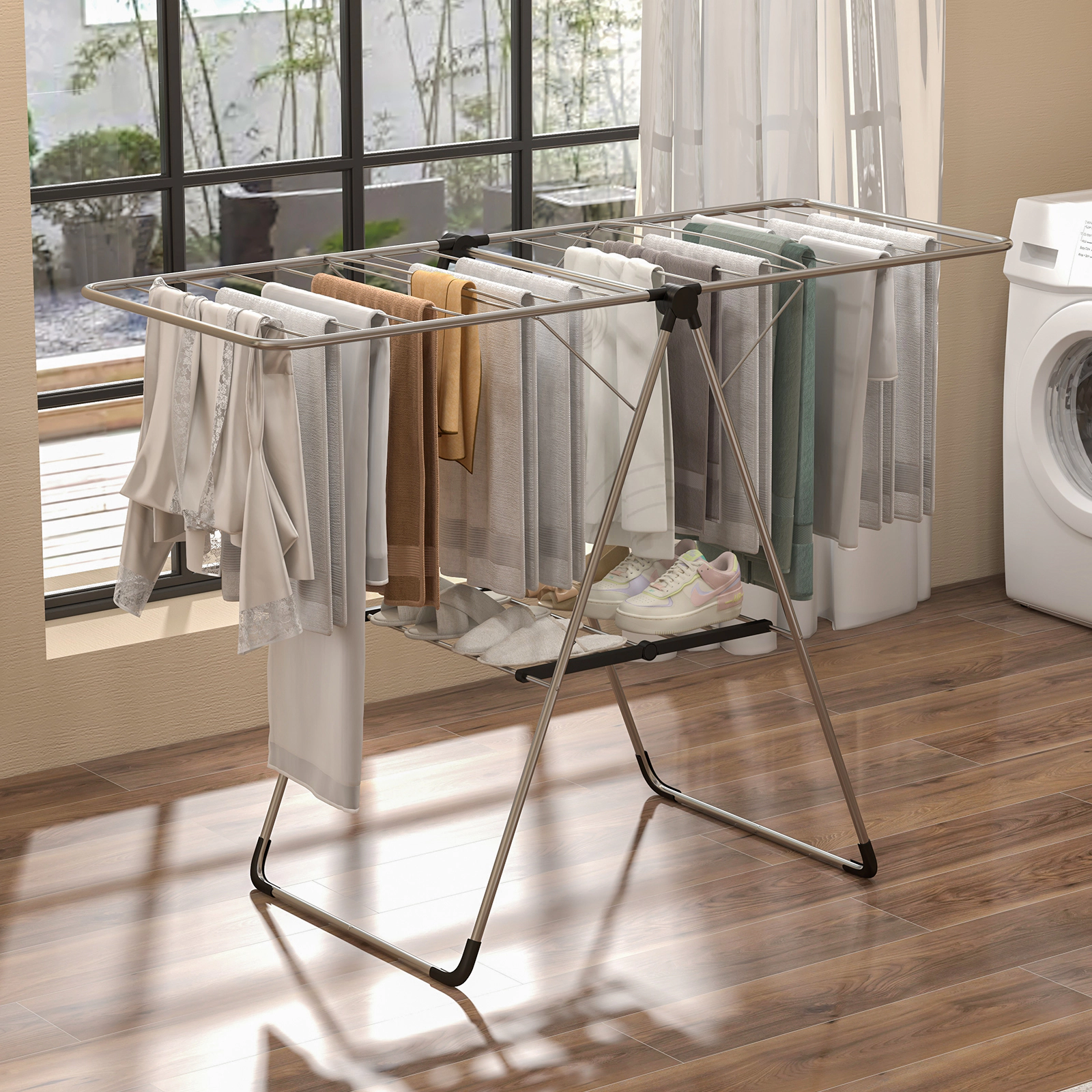 SUGIFT Silver 56-in Wide 2-Tier Folding Aluminum Laundry Drying Rack with Built-In Shoe Shelf for Balcony
