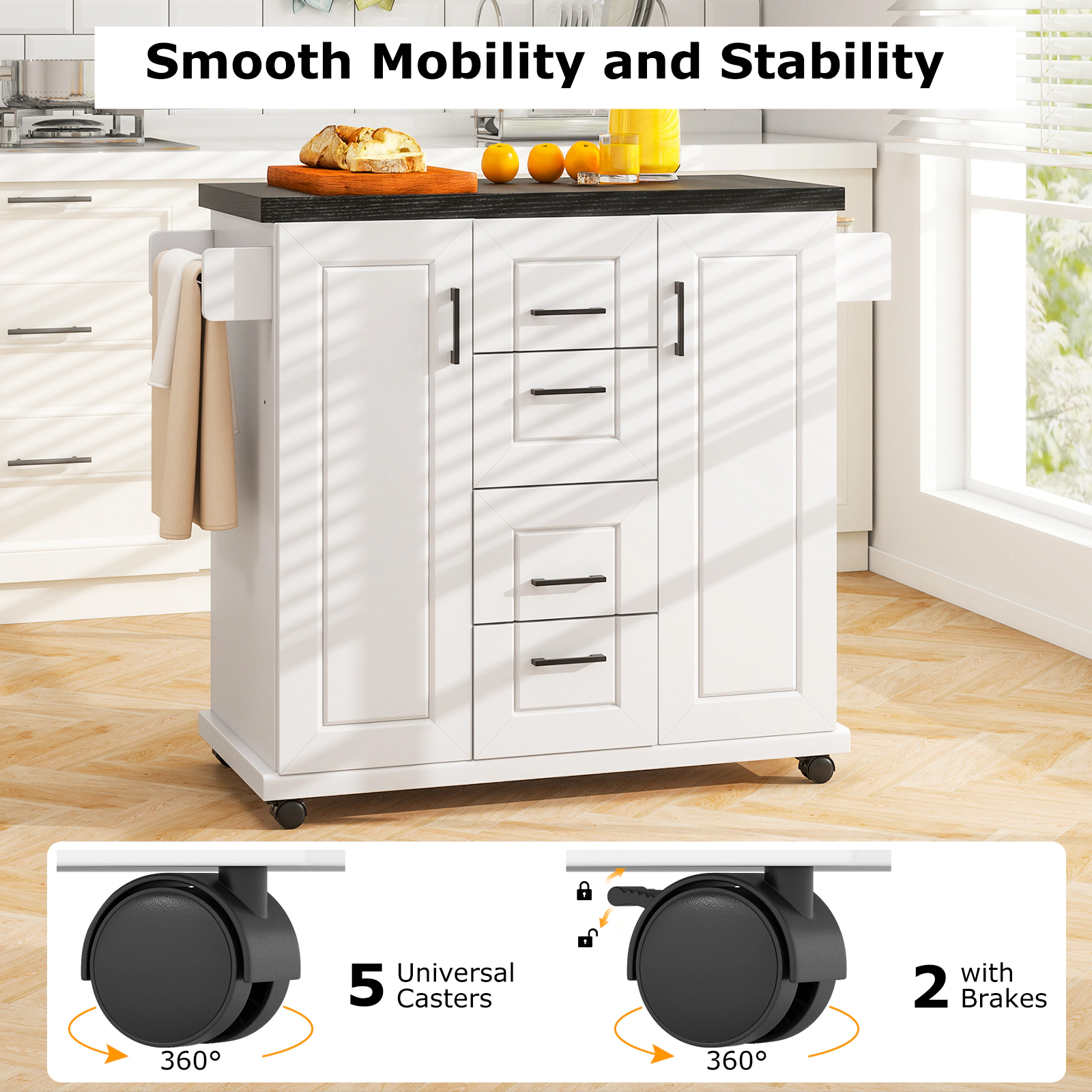 SUGIFT White Rolling Kitchen Island with 4 Drawers 2 Cabinets and Spice Rack 42.5-in W 18-in D 35.5-in H