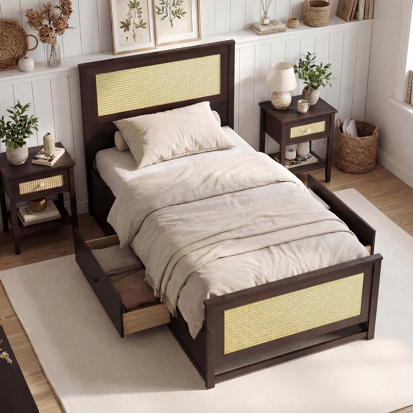 SUGIFT Twin Rattan Platform Bed, Coffee, 2 Storage Drawers, Cane Headboard