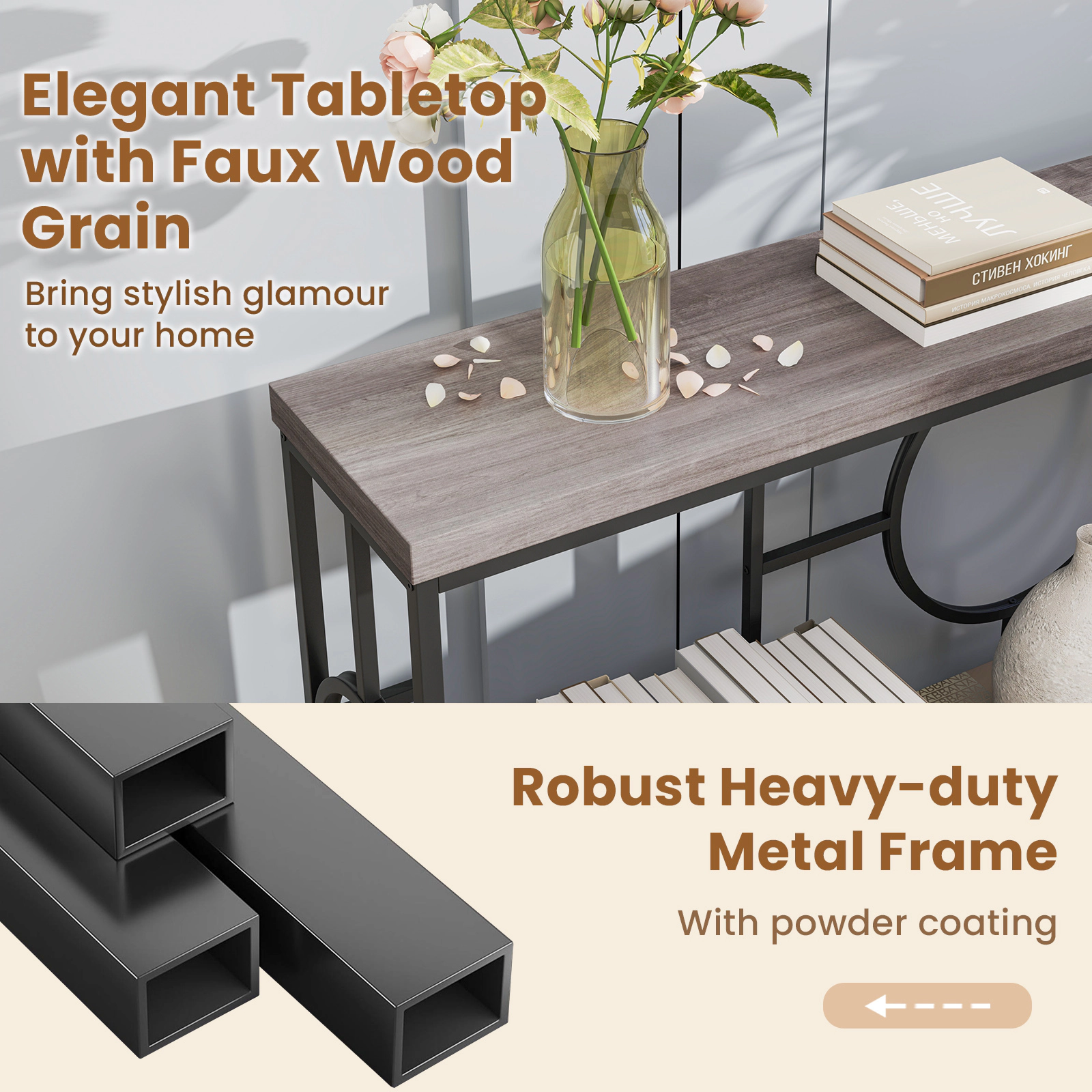 SUGIFT 2-Tier Wood Grain Top Metal Frame Hallway Console Table 71-in x 12-in x 31.5-in 110-lb Capacity Rustic Brown