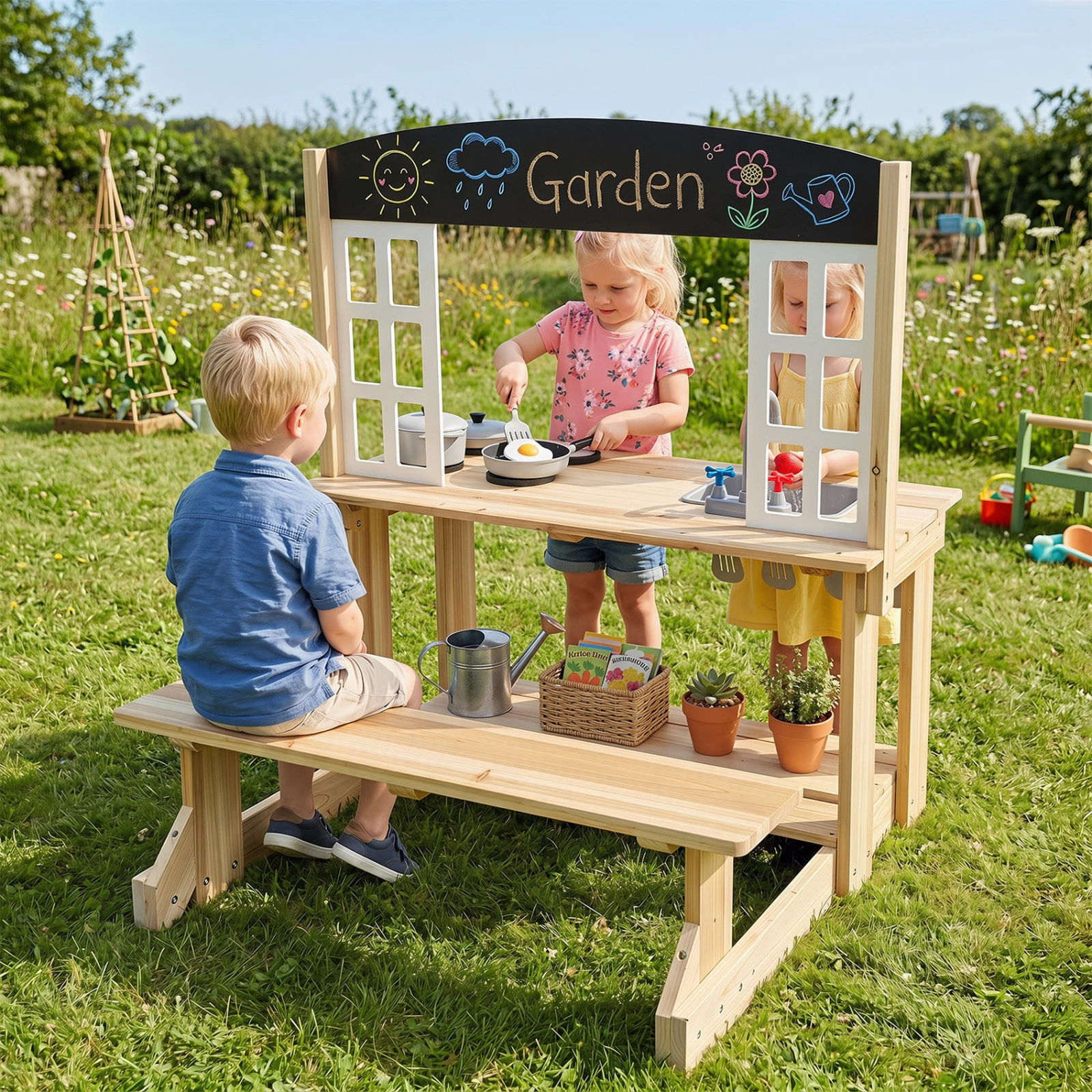 SUGIFT Natural Bench and Cooking Accessories Kids Wooden Pretend Play Mud Kitchen