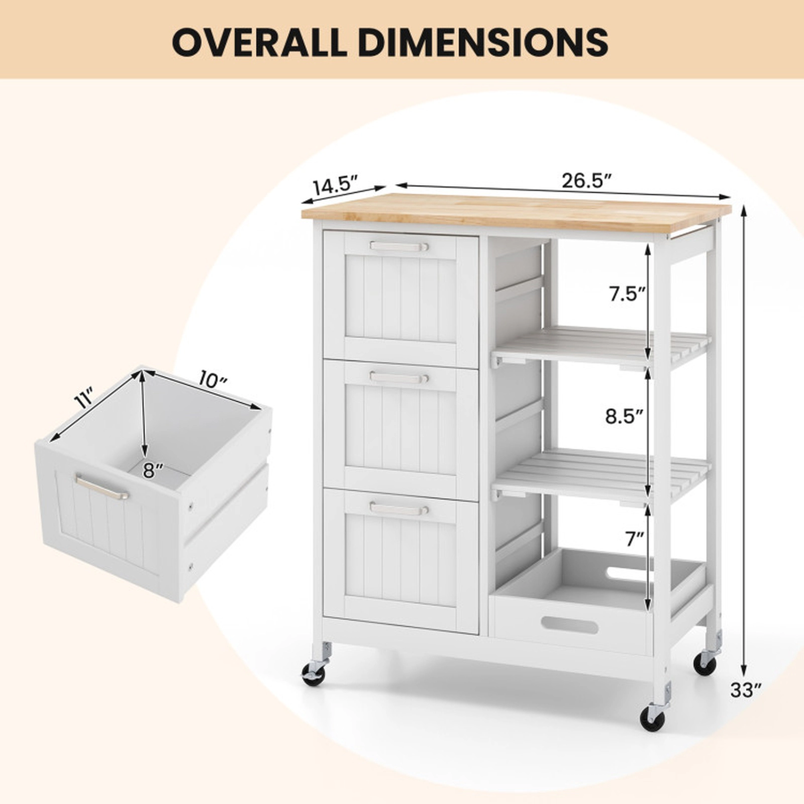 SUGIFT Rolling Kitchen Island Utility Cart White with 3 Drawers and Rubber Wood Top