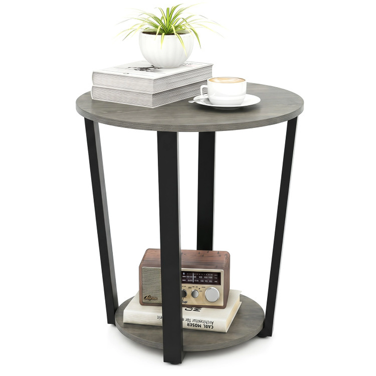 SUGIFT 2 Tier Round Chipboard Metal Frame Removable Storage Tray End Table In Oak