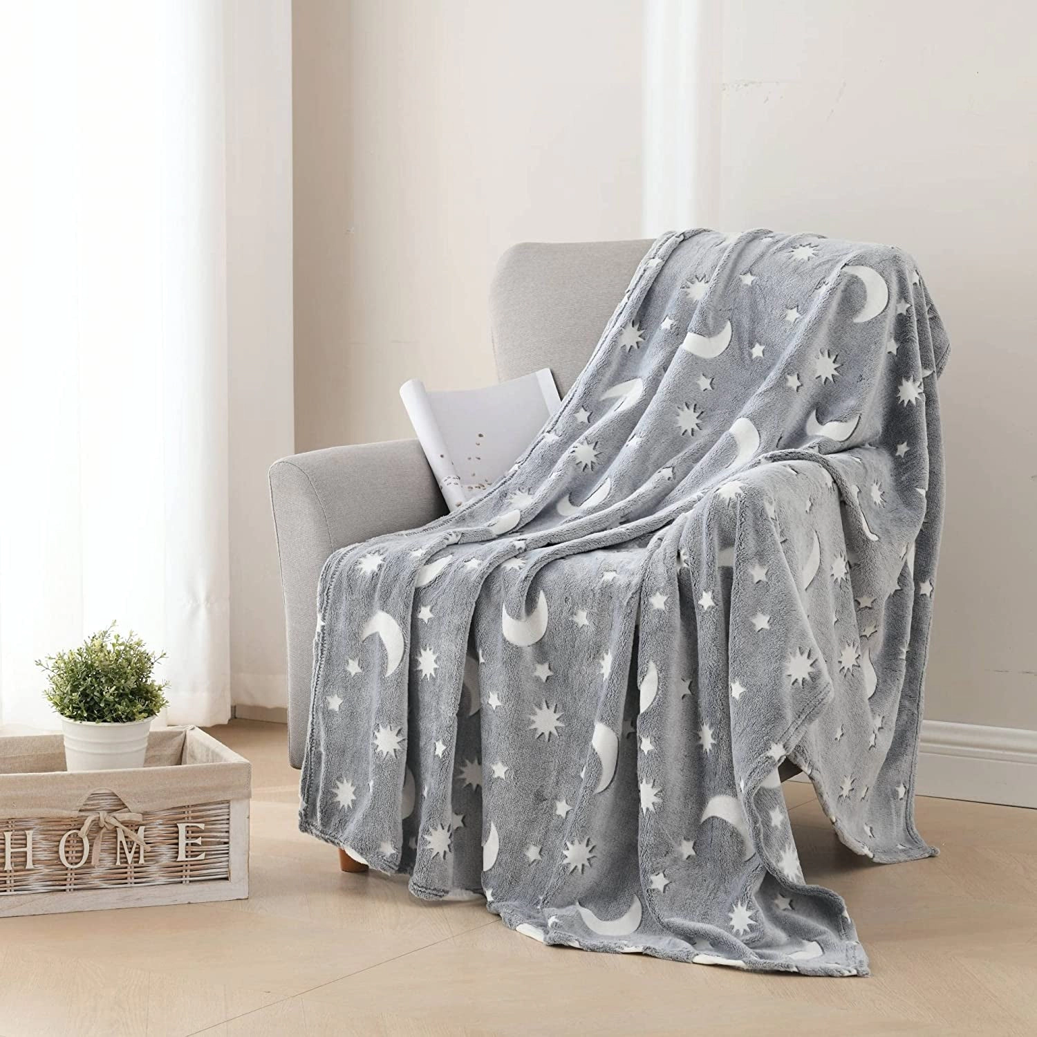 Star Moon Micro Plush All Season Throw Blanket 50" X 60" Gray by Plazatex