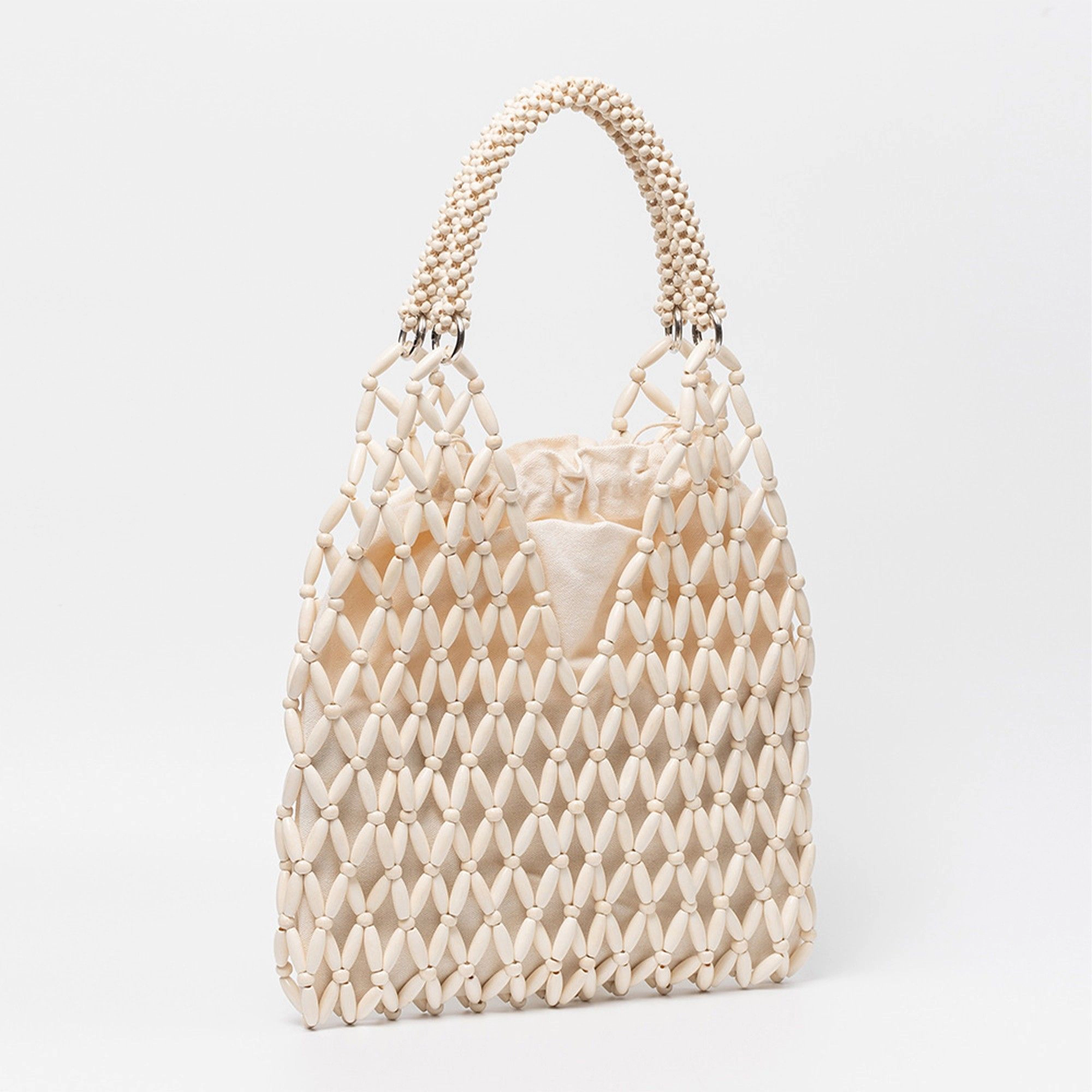 Alilang Women's Beaded Tote Bag with Inner Pouch Soft Structured Wooden Bead Handbag Open Weave Shoulder Carryall