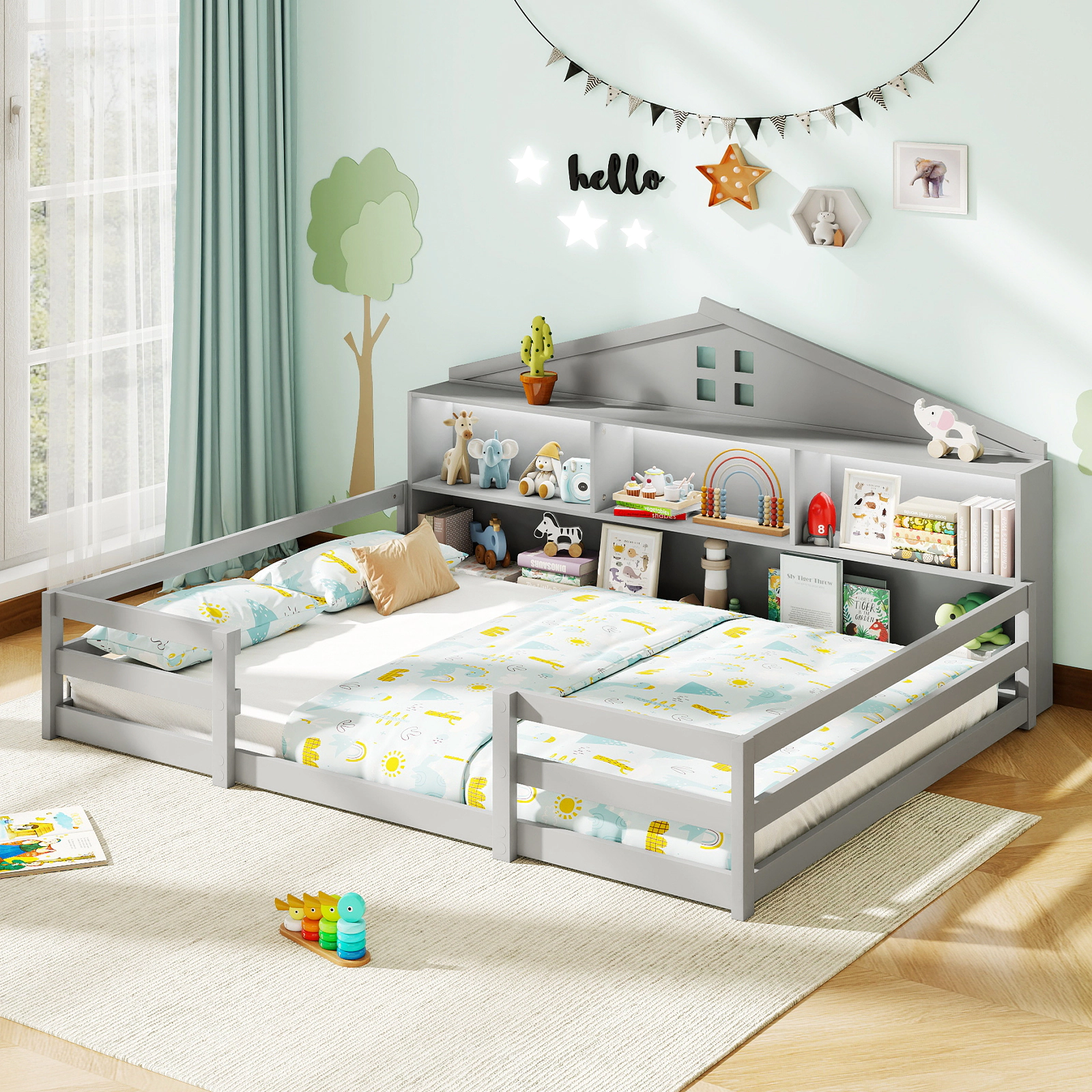 SUGIFT Gray Storage Headboard and Open Shelf Pine Wood Full Kids Montessori House Floor Bed
