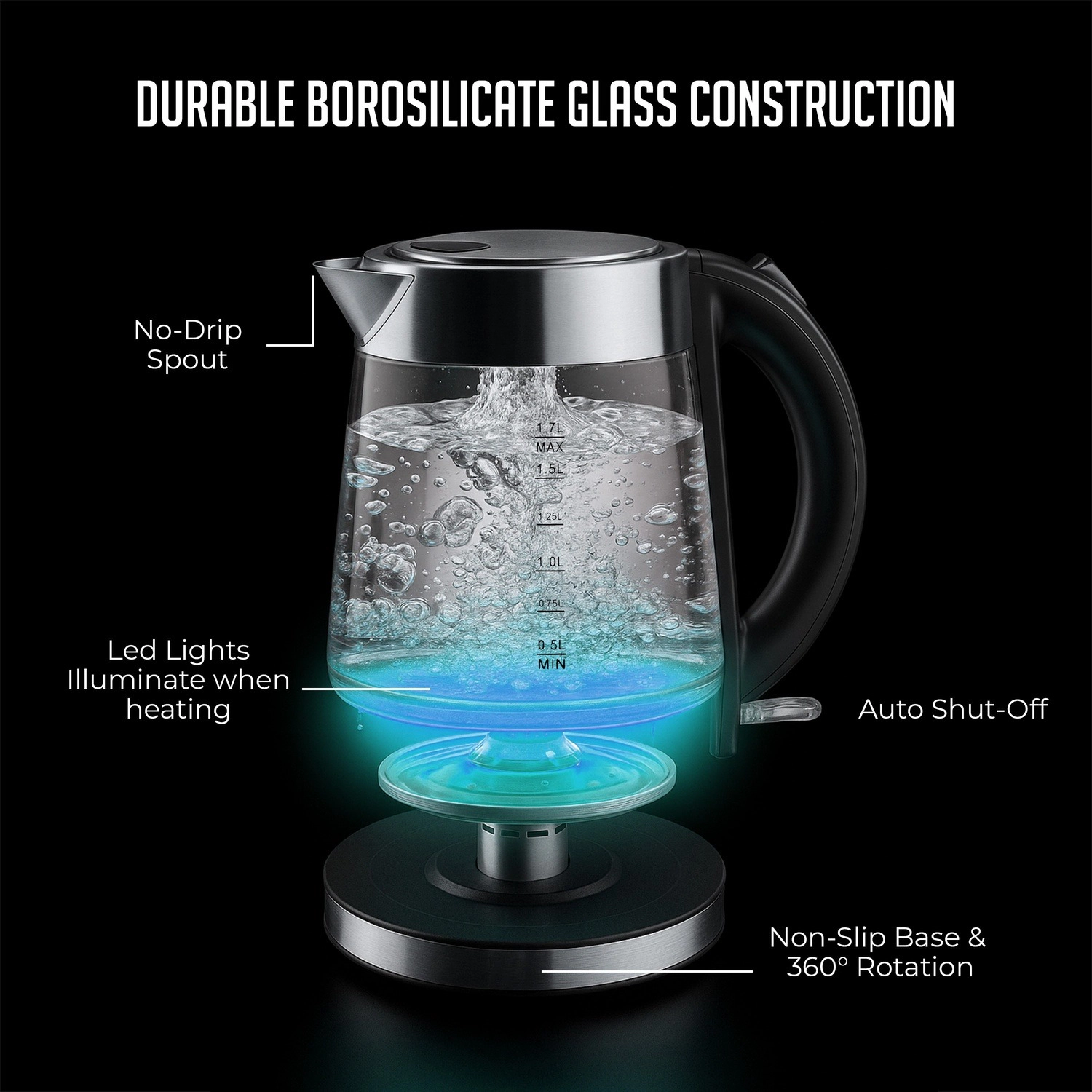 Luminuxe 1.7L Electric Kettle, Speed-Boil Glass Electric Water Boiler & Warmer, Auto Shut-Off Cool Touch Handle