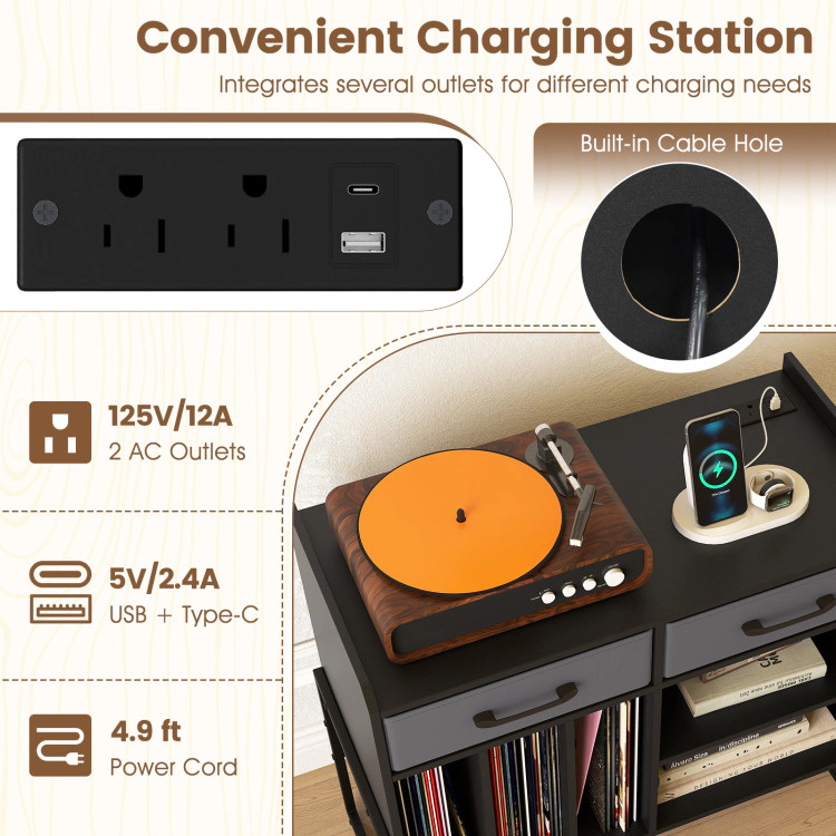 Hivvago Large Record Player Stand With Charging Station Mid Century Modern Vinyl Storage Cabinet