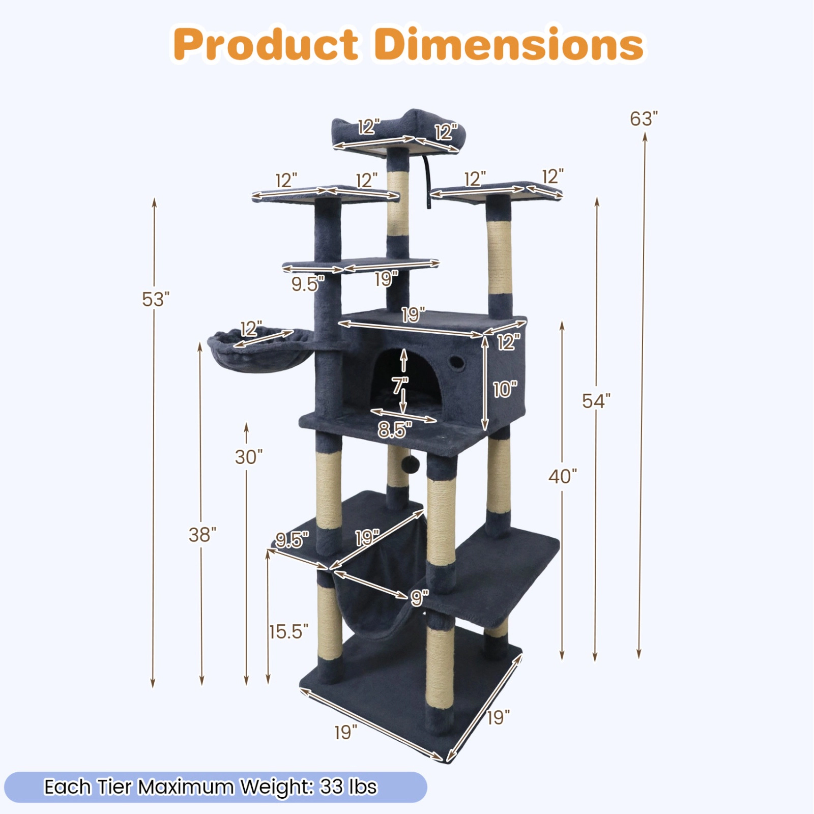 SUGIFT Multi-Level 63-in Tall Cat Tree Tower with Condo Hammock Perches 19 x 19 in Base Dark Gray