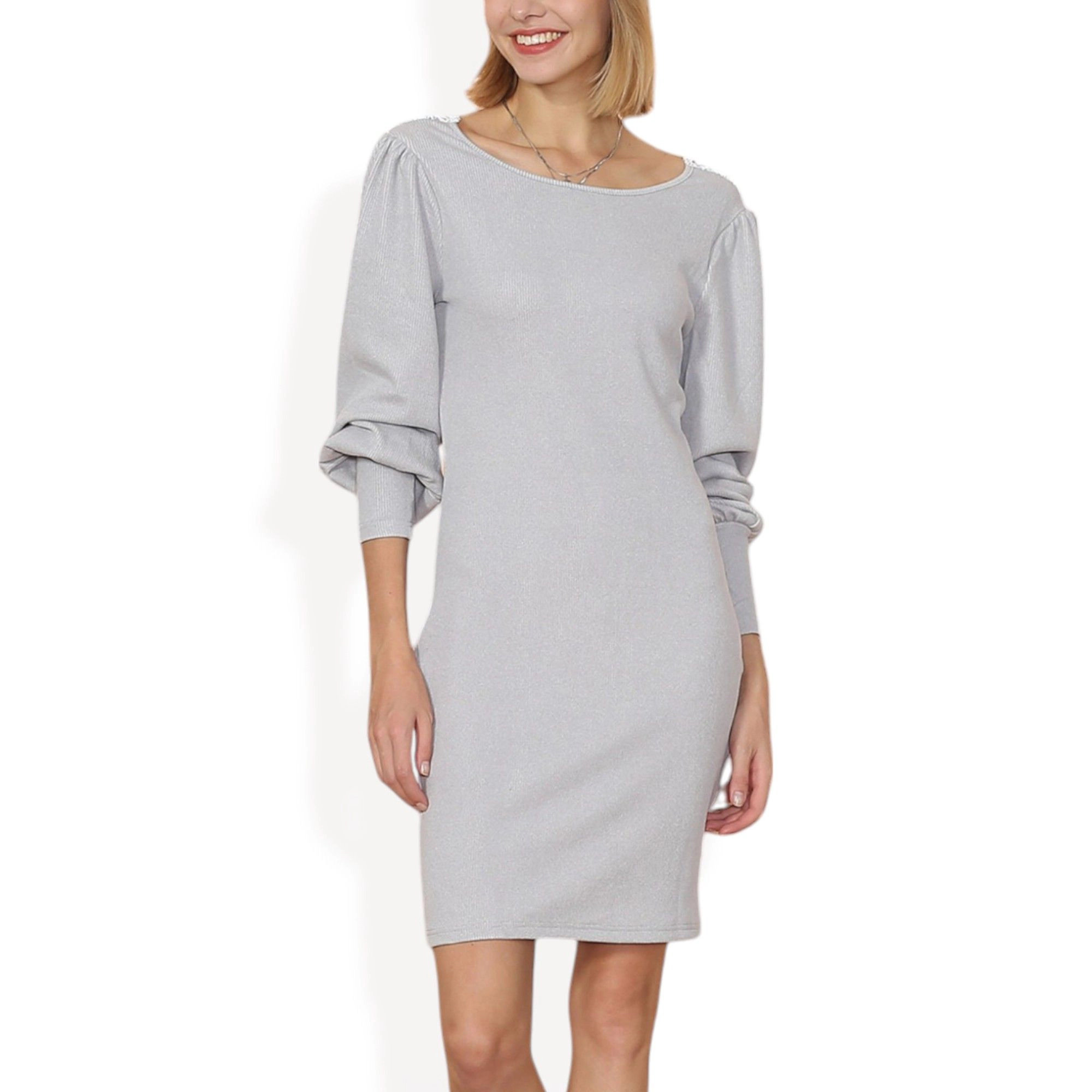 Anna-Kaci Women's Boat Neck Puff Sleeve Fitted Knit Mini Dress