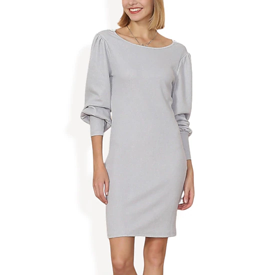 grey boat neck mini dress Anna-Kaci Women's Puff Sleeve Fitted Knit Dress, Color: Gray Collection:Gold Dresses