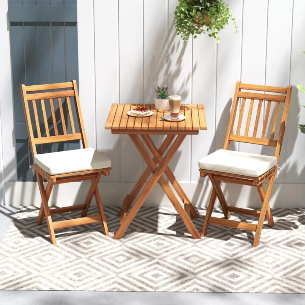 Hivvago Outdoor Wood Bistro Set With Soft Seat Cushions And Table-White