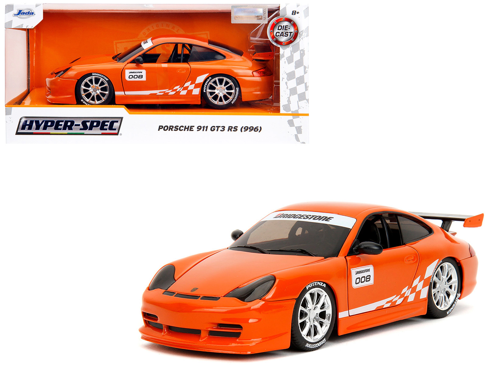Jada Porsche 911 GT3 RS (996) #008 "Bridgestone" Orange Metallic with White Graphics "Hyper-Spec" Series 1/24