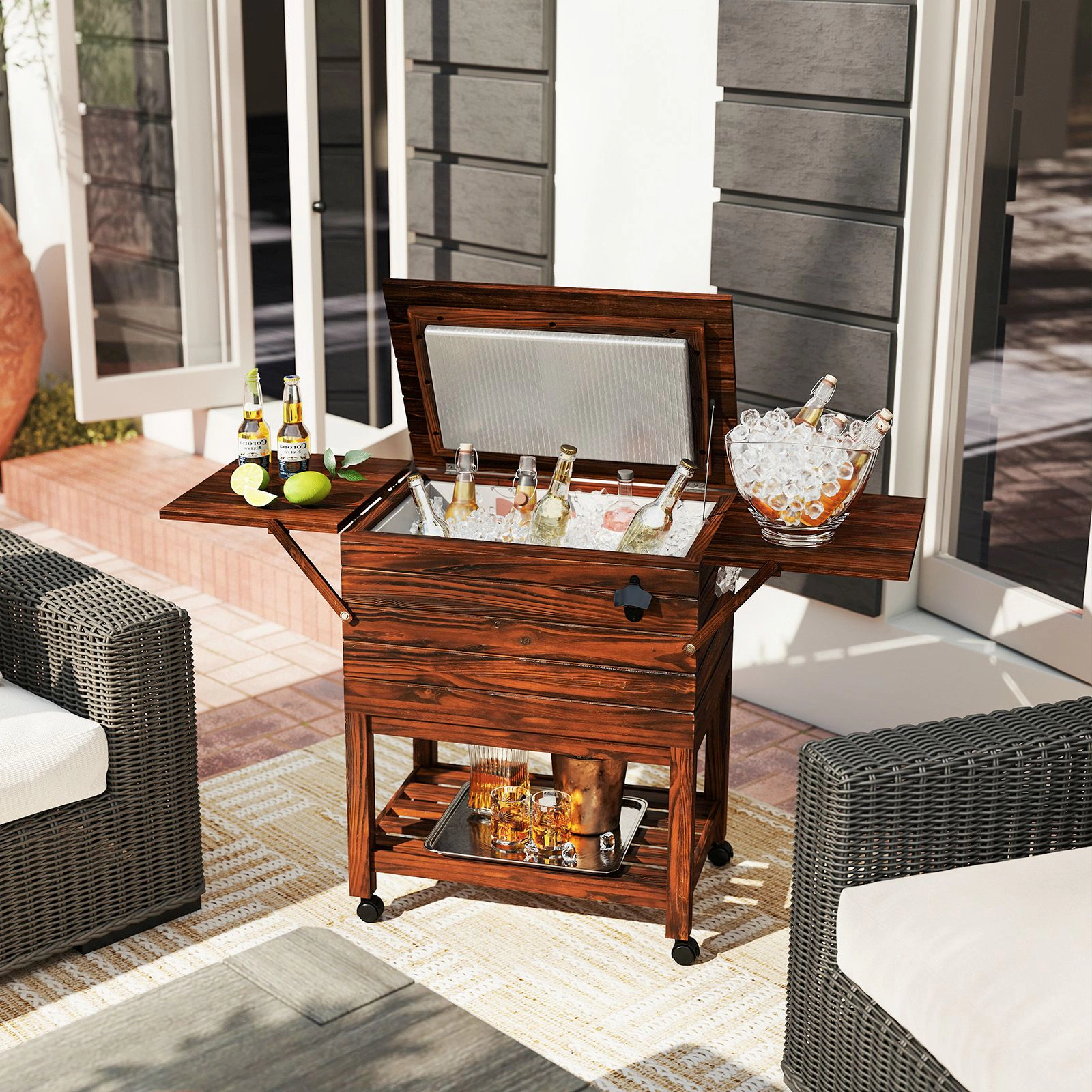 SlickBlue 54 Quart Wooden Patio Cooler Cart with Wheels and Storage Shelves